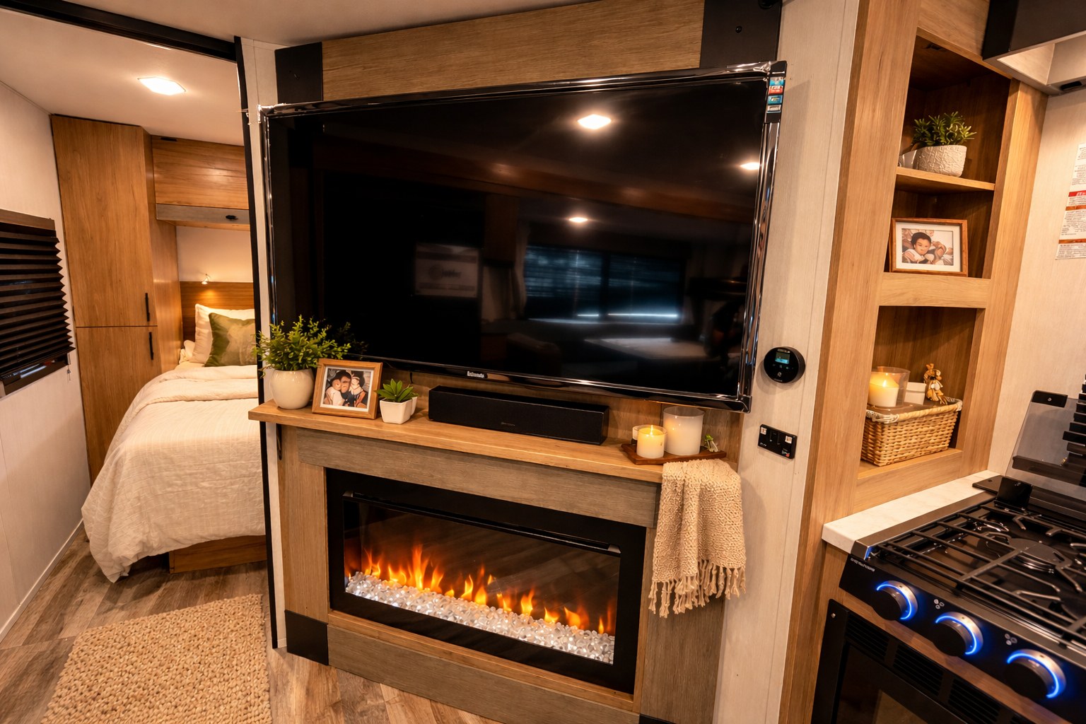 Cozy rv rental features a bedroom, TV, electric fireplace, & kitchen. Perfect for a comfortable home-on-wheels.. Forest River Campsite Reserve 2025
