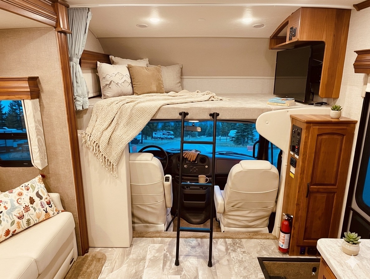 Step inside this spacious RV rental! Features a cozy bunk over the cab, plush seating, and driver's area for comfortable travel.. Jayco Seneca 2018
