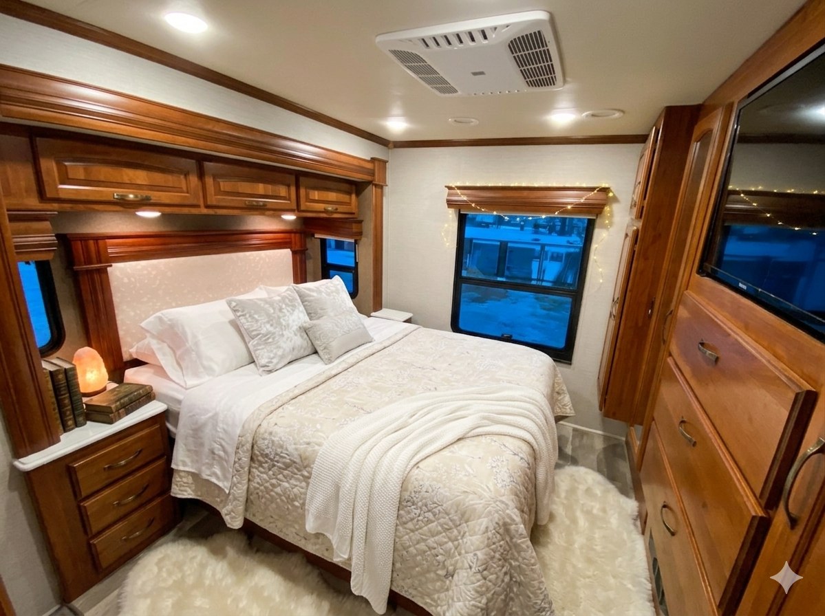 Inside an inviting RV rental bedroom with a large bed, elegant wood storage, windows with lights, and a ceiling AC unit.. Jayco Seneca 2018