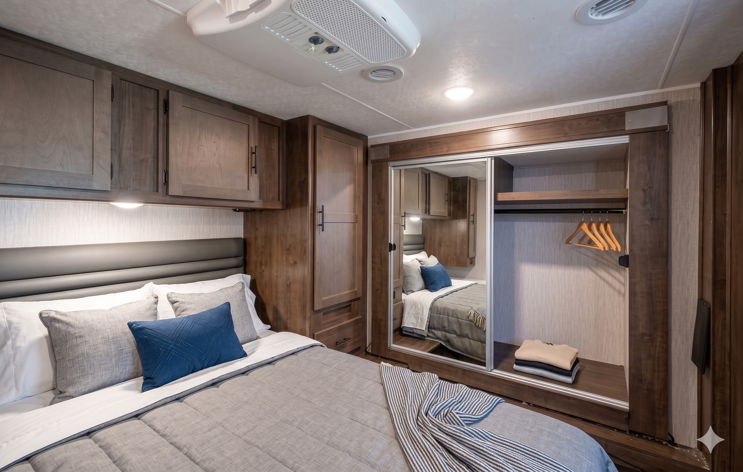 RV rental bedroom showcasing a comfortable bed, overhead cabinets, and a mirrored sliding closet with hangers and folded clothes.. Coachmen Leprechaun 2022