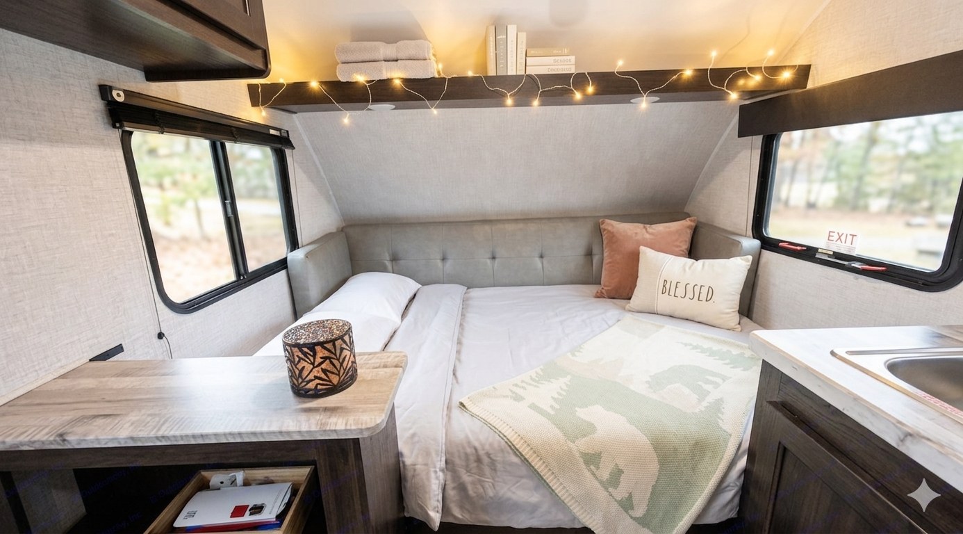 A cozy rv rental interior featuring a comfortable bed, illuminated shelf, and compact living space with a small kitchen area.. Braxton Creek Free Solo 2022