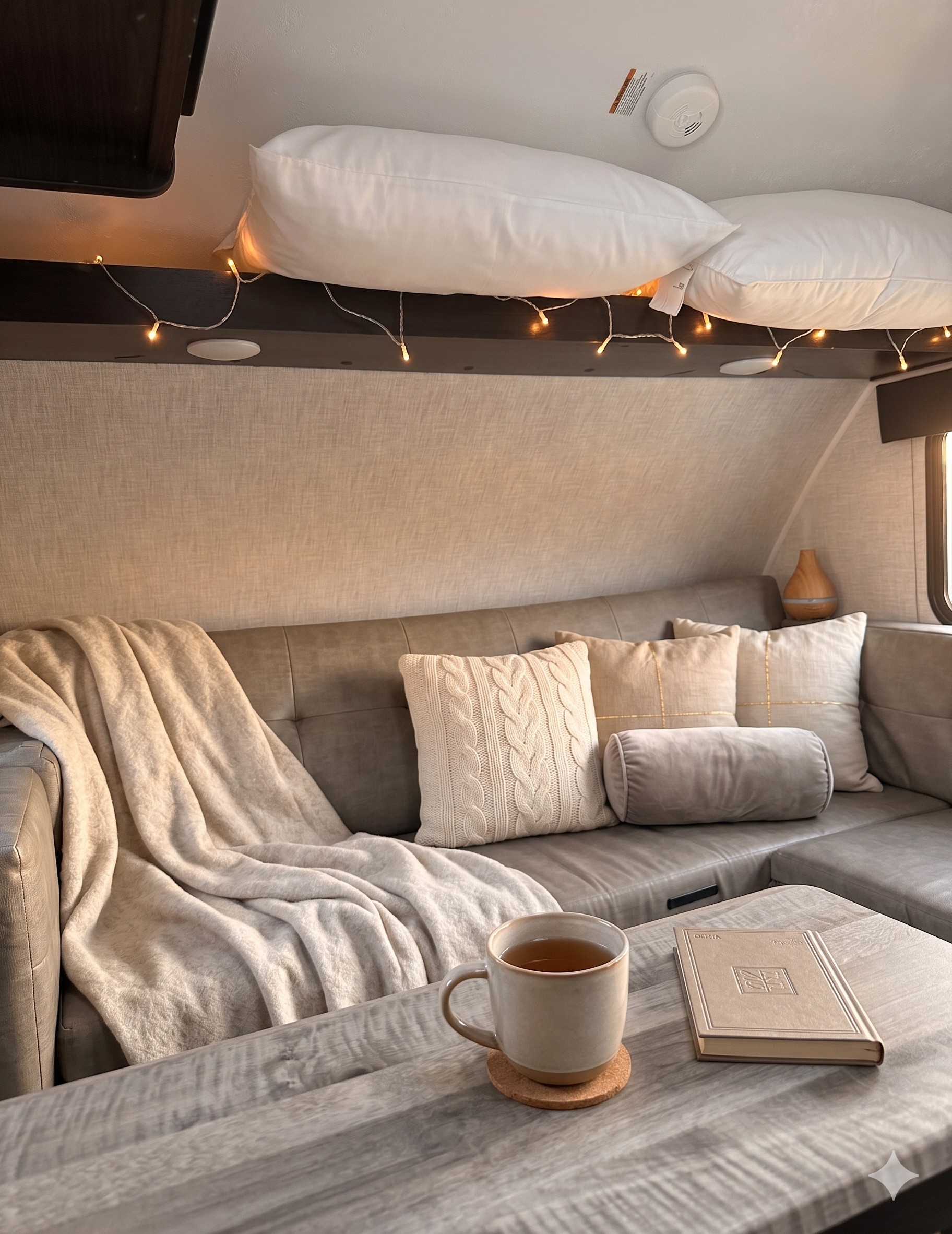 Cozy RV rental interior featuring a comfy sofa, throw pillows, string lights, a warm mug of tea, and a book.. Braxton Creek Free Solo 2022