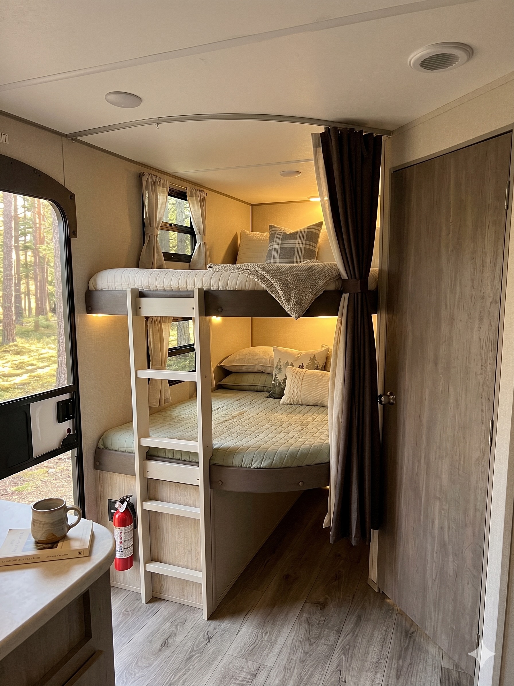 Cozy RV rental bunk beds, dressed with soft bedding and privacy curtains, offering window views of nature.. Coachmen Catalina Legacy Edition 2025