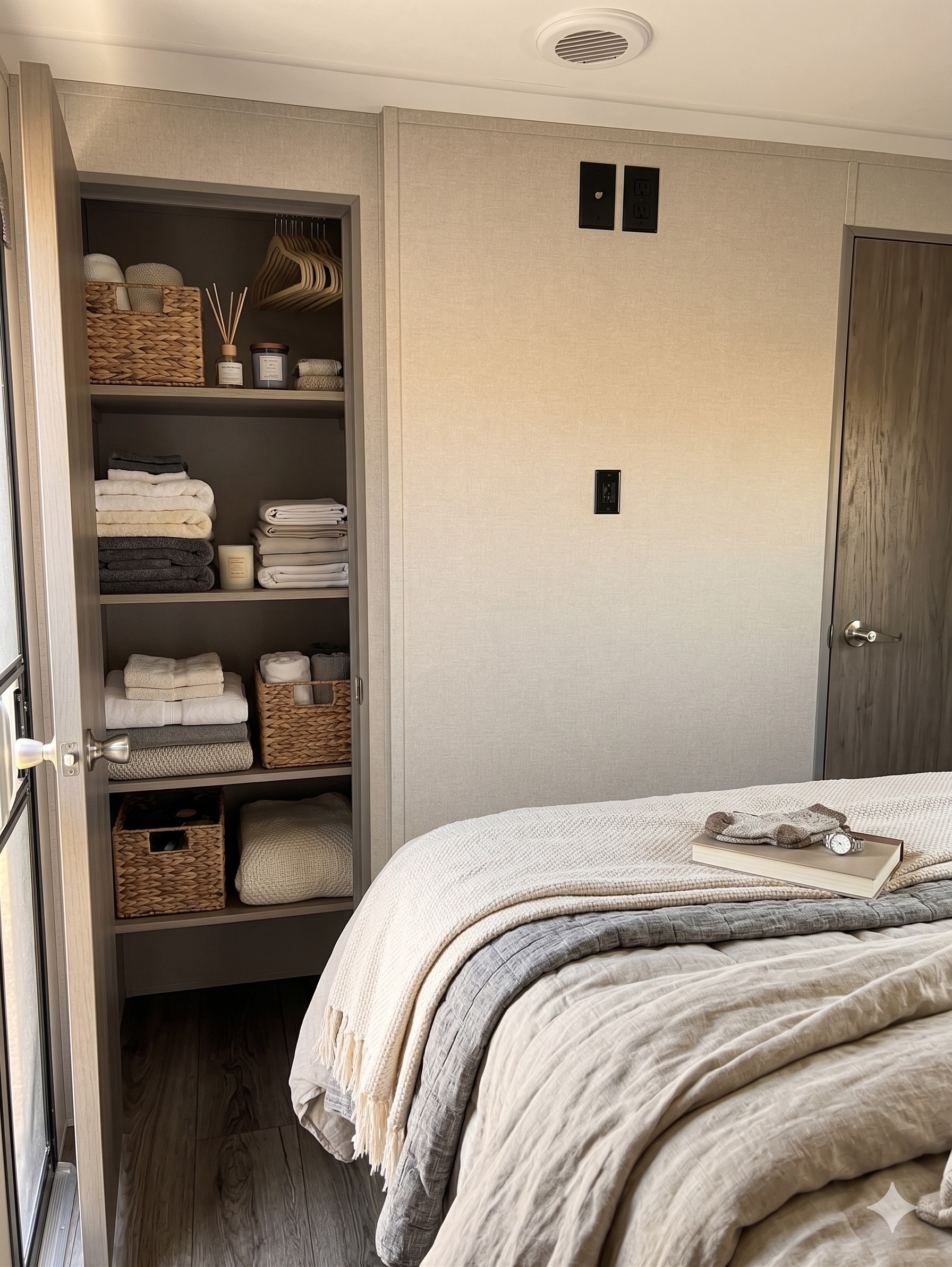 RV rental bedroom featuring a neatly organized closet with linens, soft neutral bedding, and a cozy aesthetic for travel comfort.. Coachmen Catalina Legacy Edition 2025