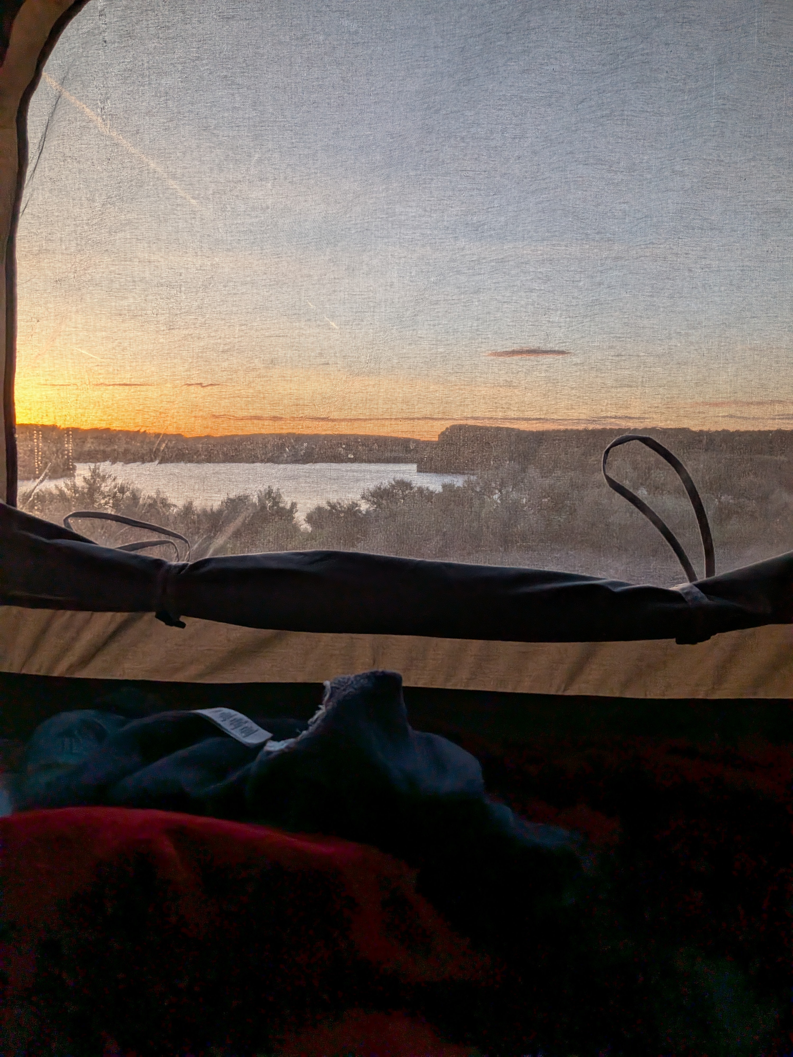RV rental view: mesh window reveals a vibrant sunrise over a tranquil lake and wooded landscape. Interior bedding visible.. Opus Camper Opus Camper Popup Trailer 2021