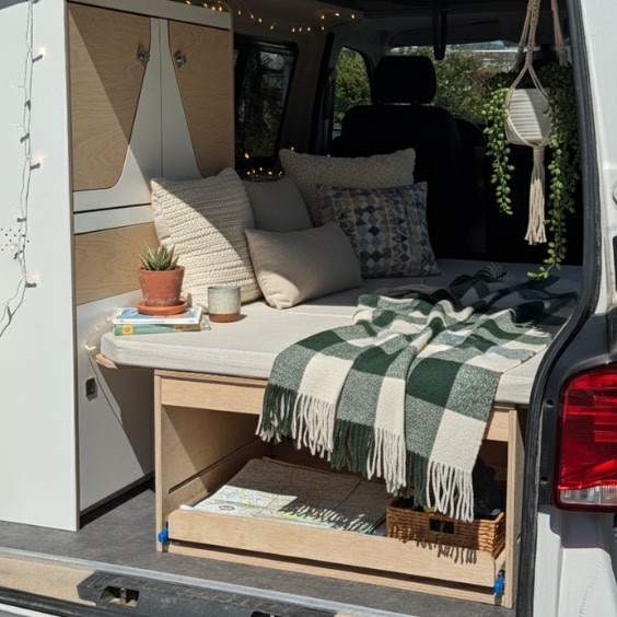This cozy RV rental interior features a comfy bed with cushions, storage, plants, and fairy lights, perfect for van life adventures.. Volkswagen Transporter T5 2015