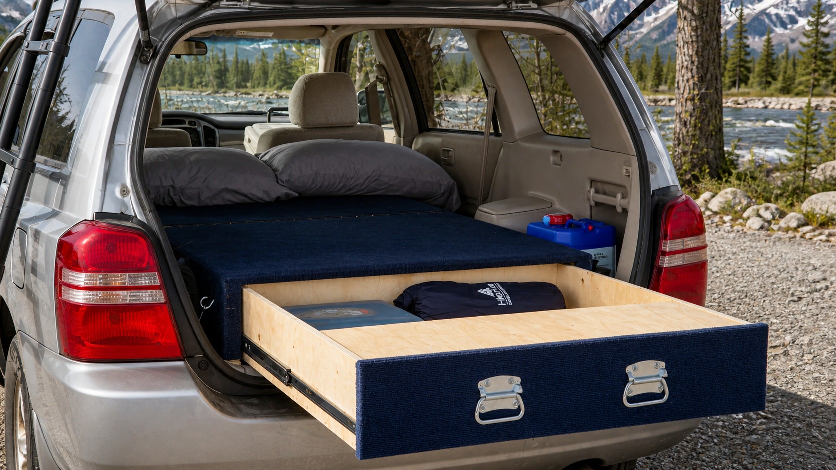 Car transformed into a cozy camper with a bed, storage drawer, and camping gear for an RV rental adventure, set by a scenic river.. Toyota Highlander 2003