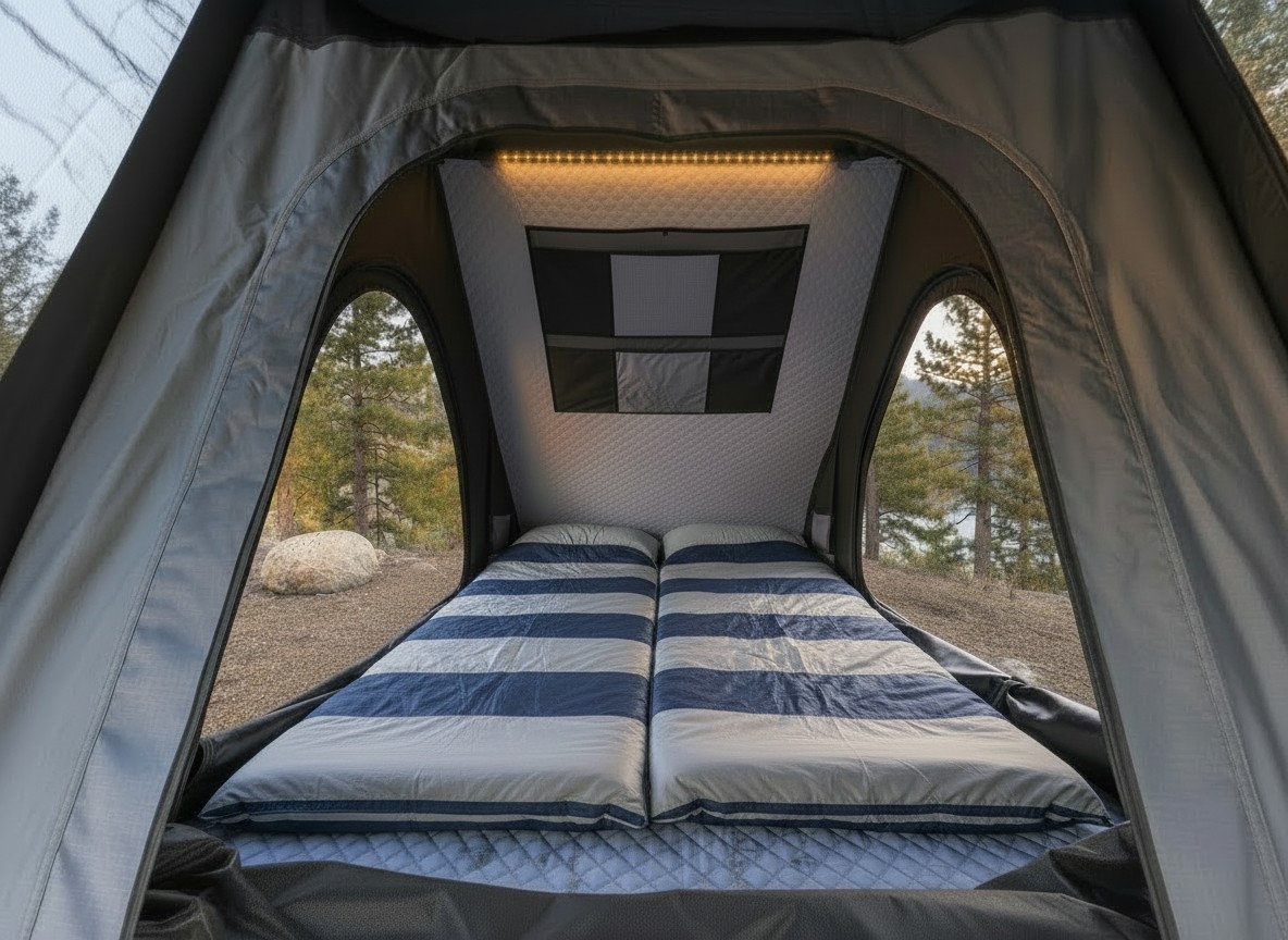 Cozy interior of an RV rental rooftop tent, featuring comfy striped beds, warm LED lighting, and scenic outdoor views.. Ford Bronco 2022