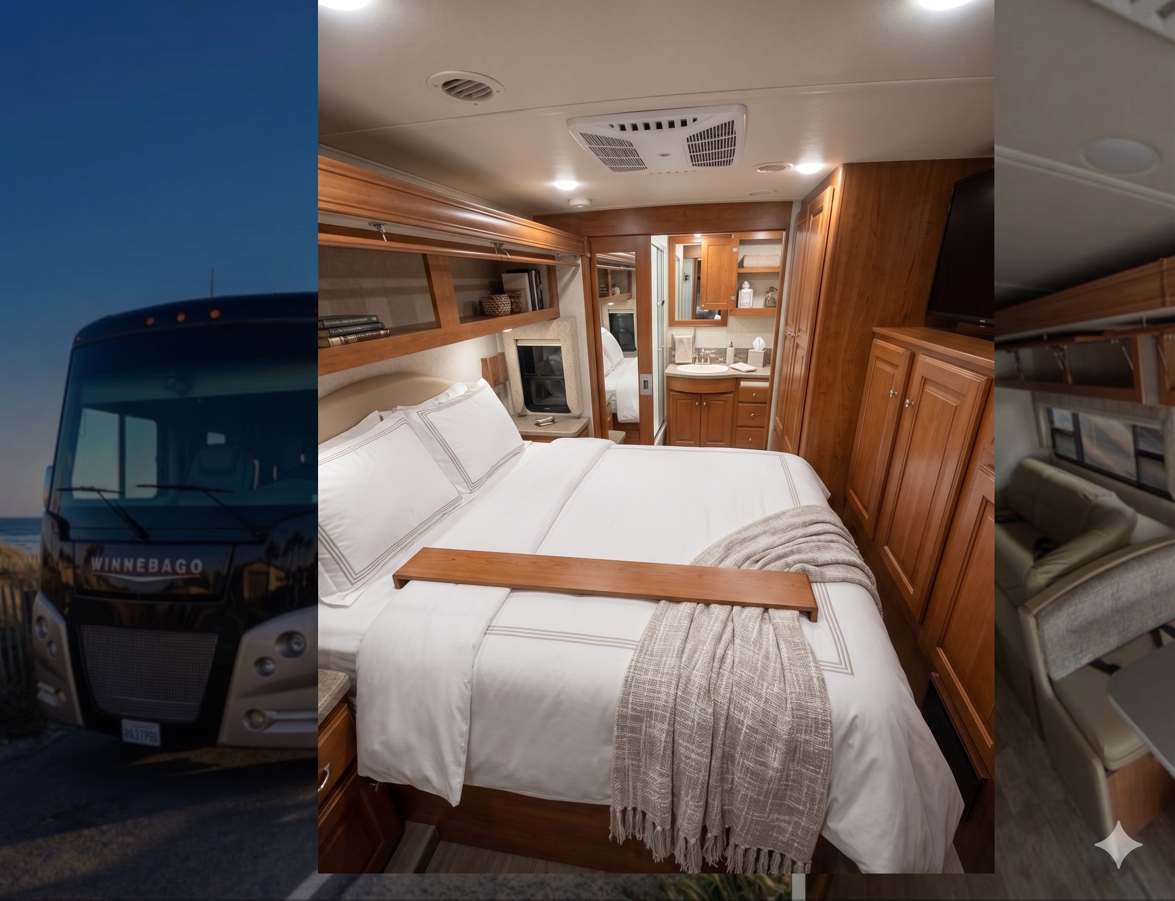 RV rental: Bright, modern bedroom, reflective bathroom vanity, & storage inside a Winnebago, with its exterior parked beachside.. Winnebago Sunstar LX 2017