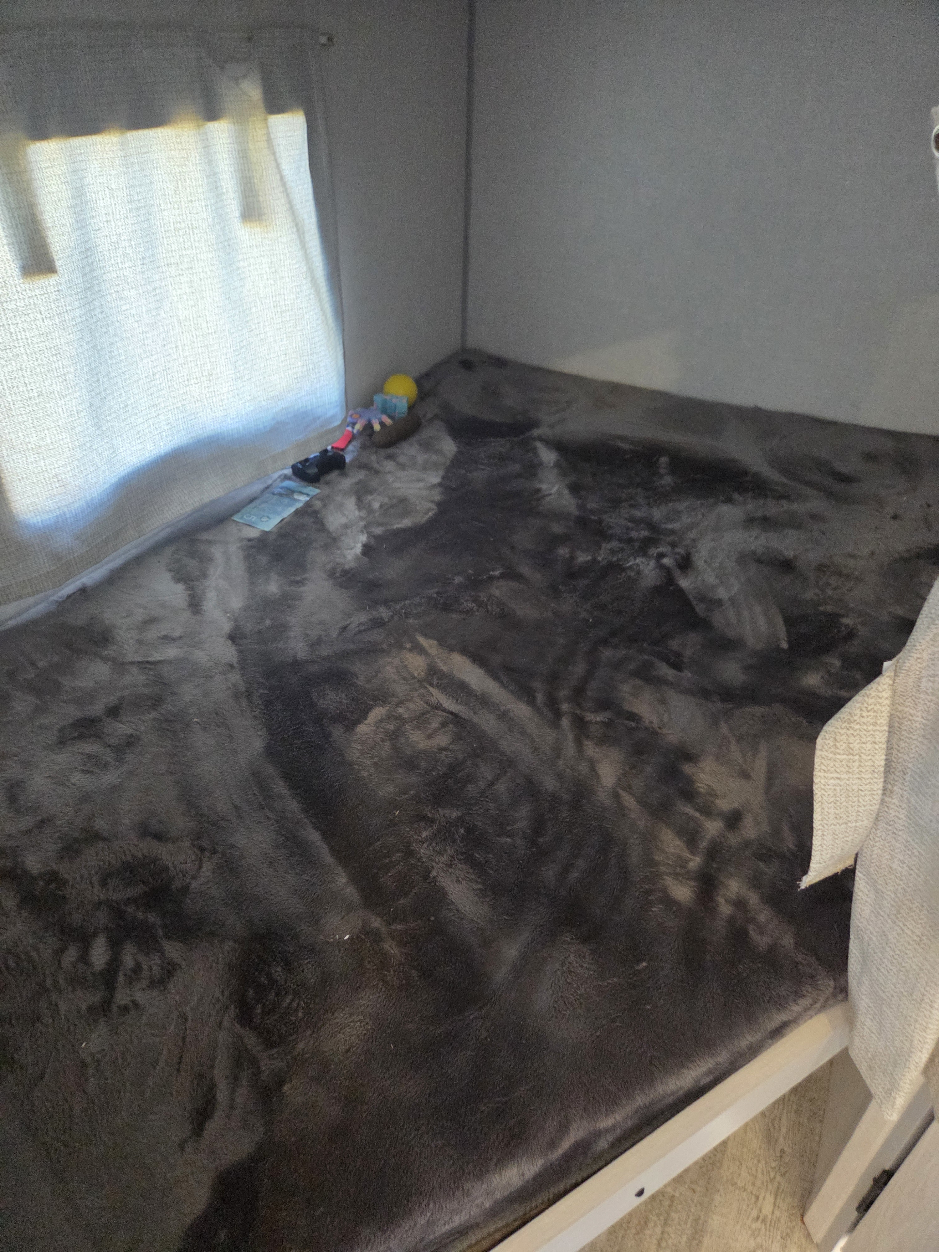 Cozy RV rental bunk bed with a dark grey blanket, sunlit window curtain, and toys in the corner.. No Boundaries 19 Essentials Only 2024