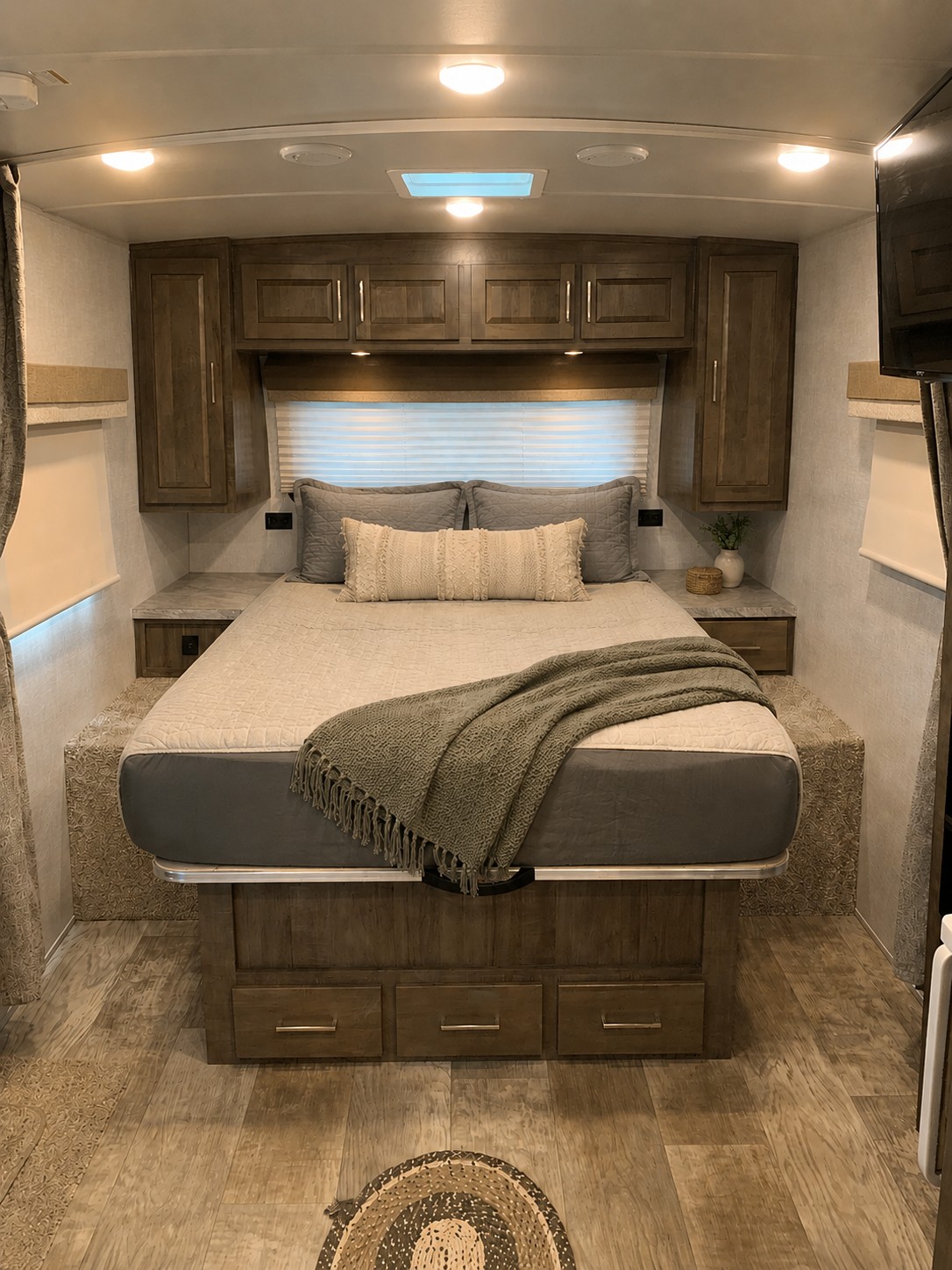 Inviting RV rental bedroom: cozy bed, overhead cabinets, skylight, and wood-look floor for comfortable travel.. Forest River Micro Lite Flagstaff 2022