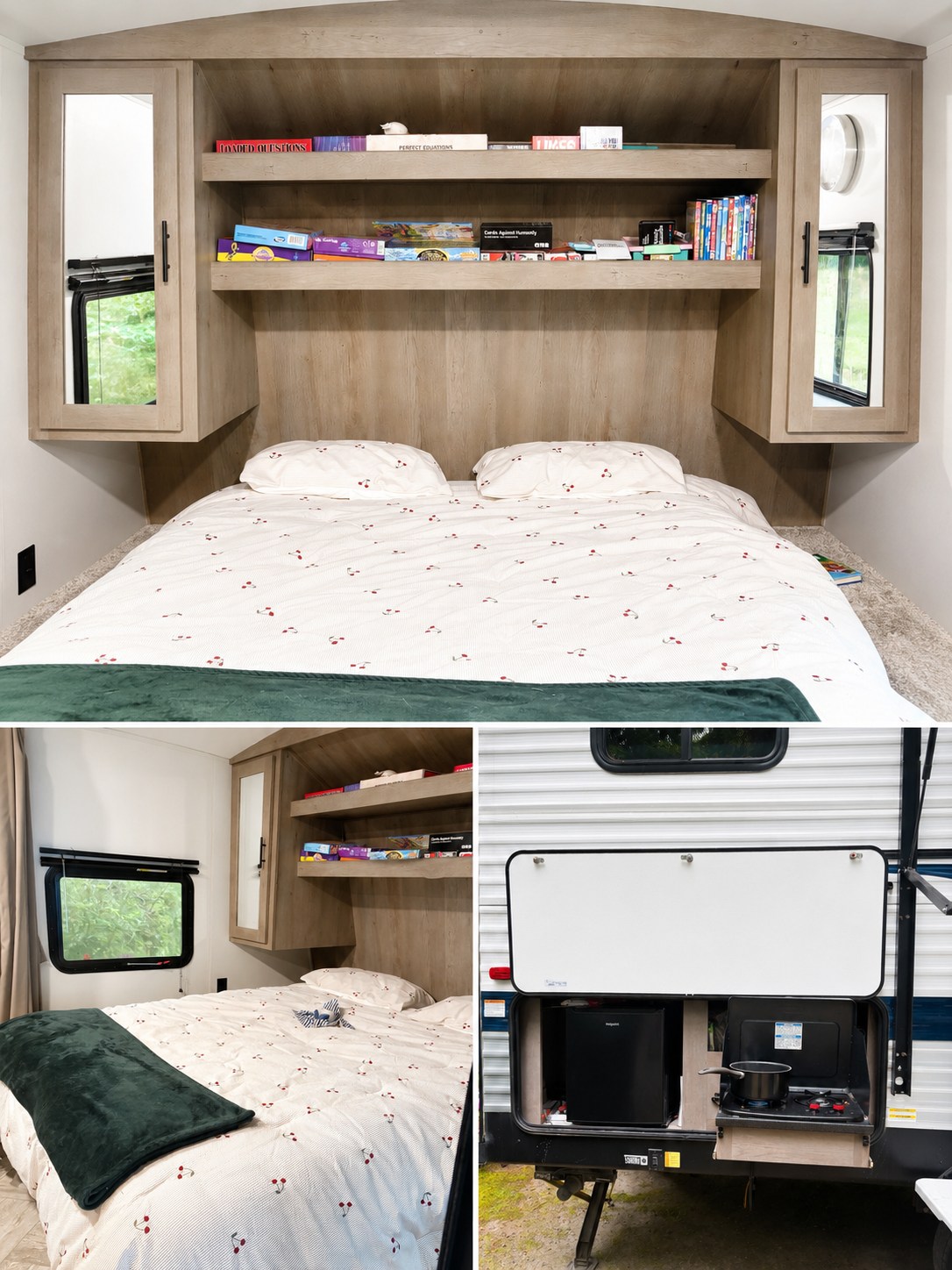 This rv rental features a cozy interior with a bed, shelved games/books, and a convenient outdoor kitchen setup.. Keystone RV Springdale 2021