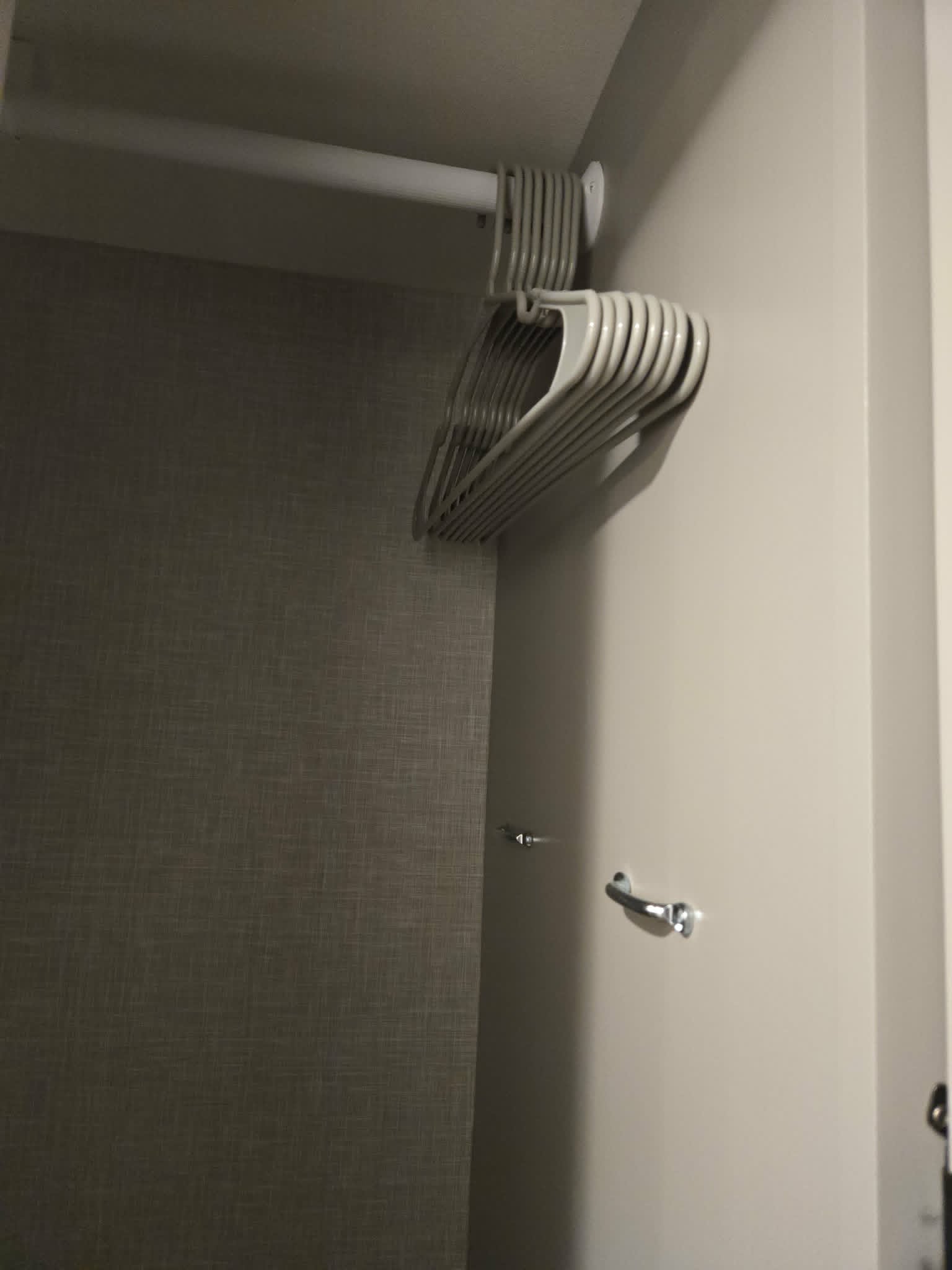 Compact RV rental closet with a hanging rod and numerous empty hangers. Left wall has dark textured wallpaper, right wall is light.. Thor Quantum 2025