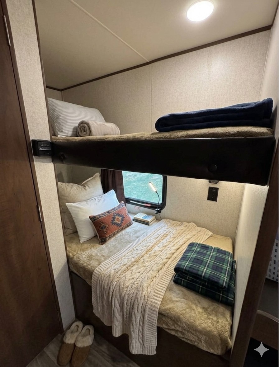 Cozy rv rental bunk beds with comfortable bedding, including knit & plaid blankets, pillows, a window, & reading lamp.. Jayco Jay Flight SLX 2017