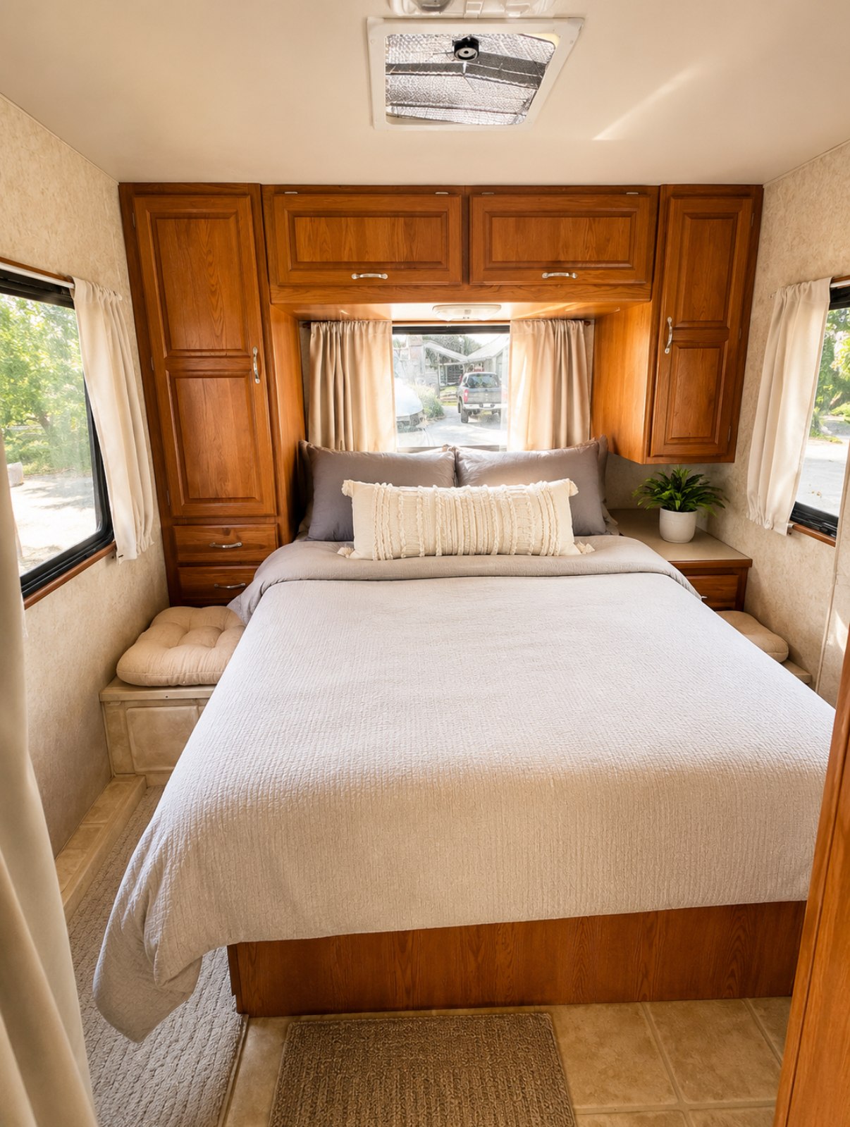 Cozy RV rental bedroom with a made-up queen bed, warm wood cabinets, and bright windows showing the outdoors.. Four Winds Majestic 2005