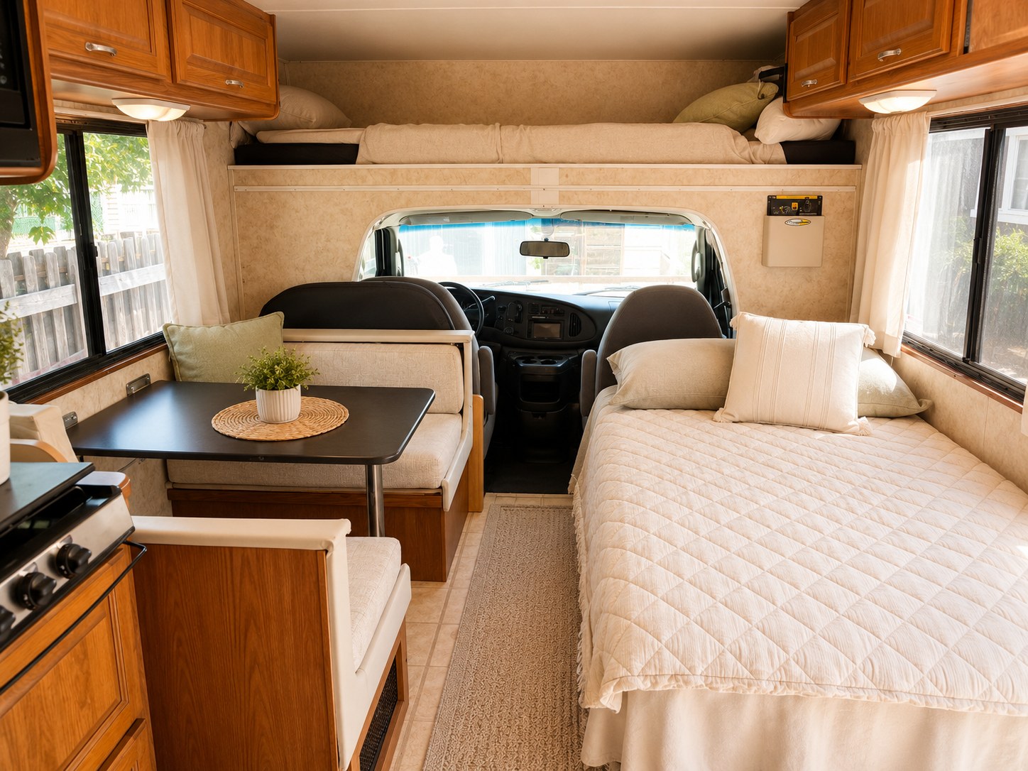 View of a clean RV rental interior, showing a bed, dinette, kitchen area, and overhead bunk for comfortable travel.. Four Winds Majestic 2005