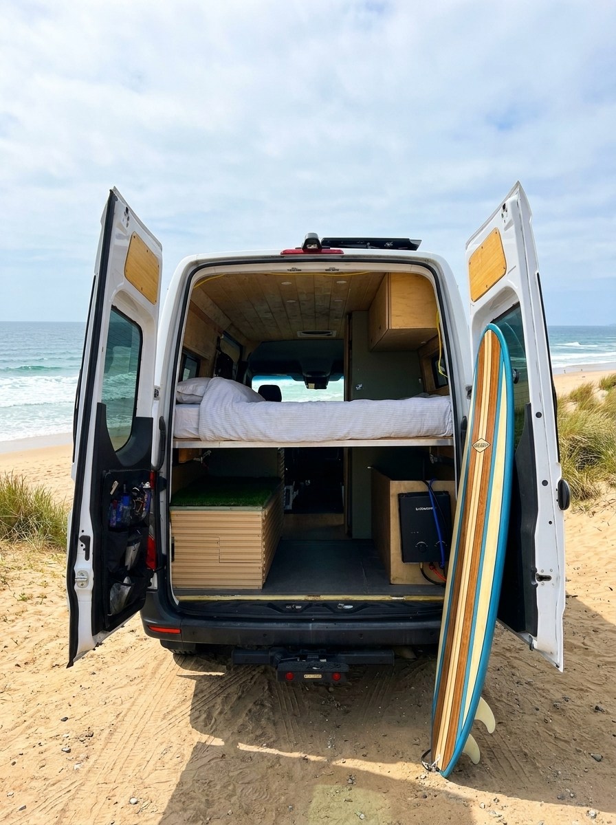 This RV rental camper van, with open doors revealing its bed & storage, is parked on a beach with a surfboard.. Mercedes-Benz Sprinter 2019