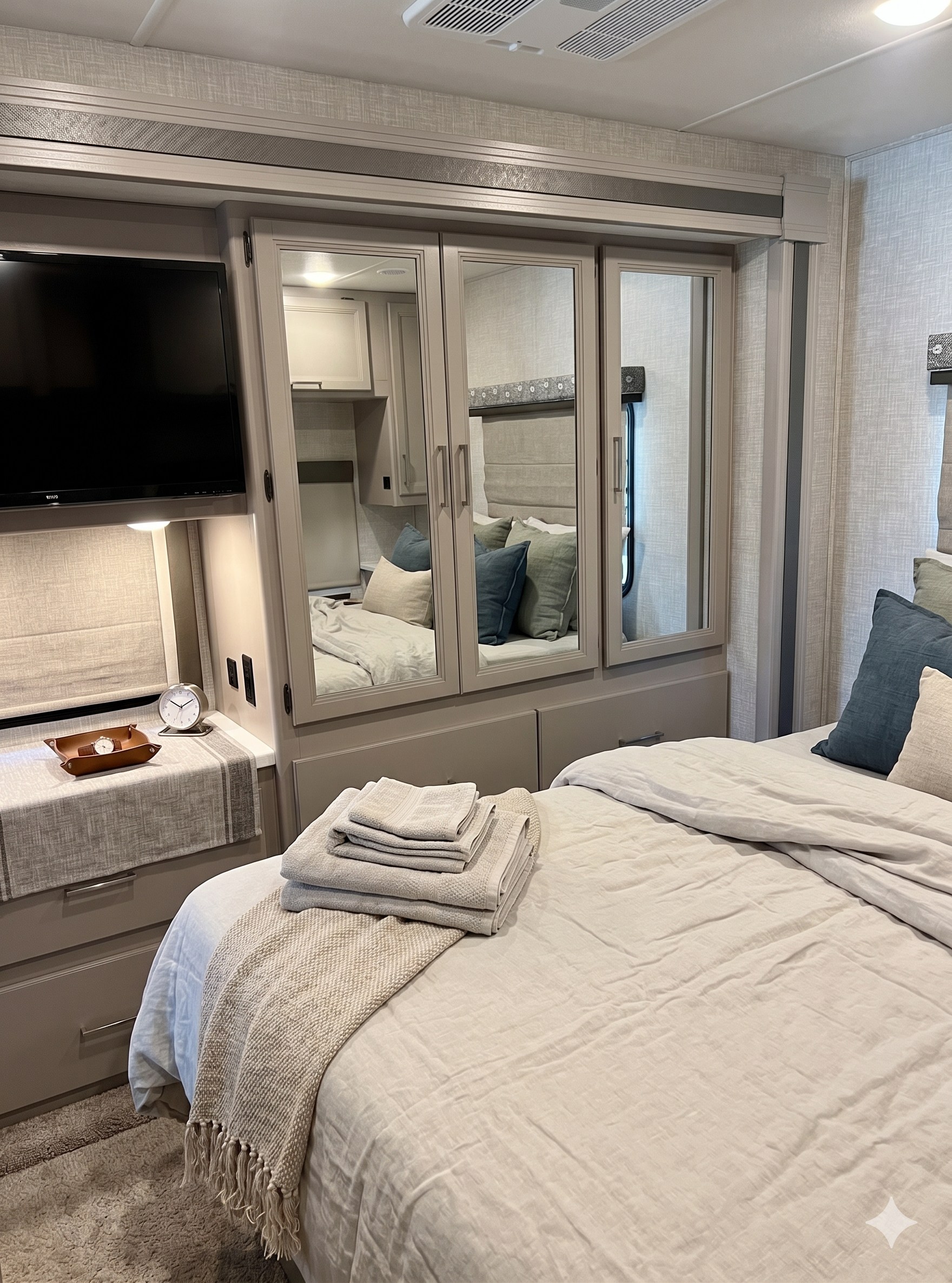 This inviting RV rental bedroom offers a comfortable bed with soft linens, a mirrored wardrobe, TV, and integrated storage.. Thor Motor Coach Windsport 2022
