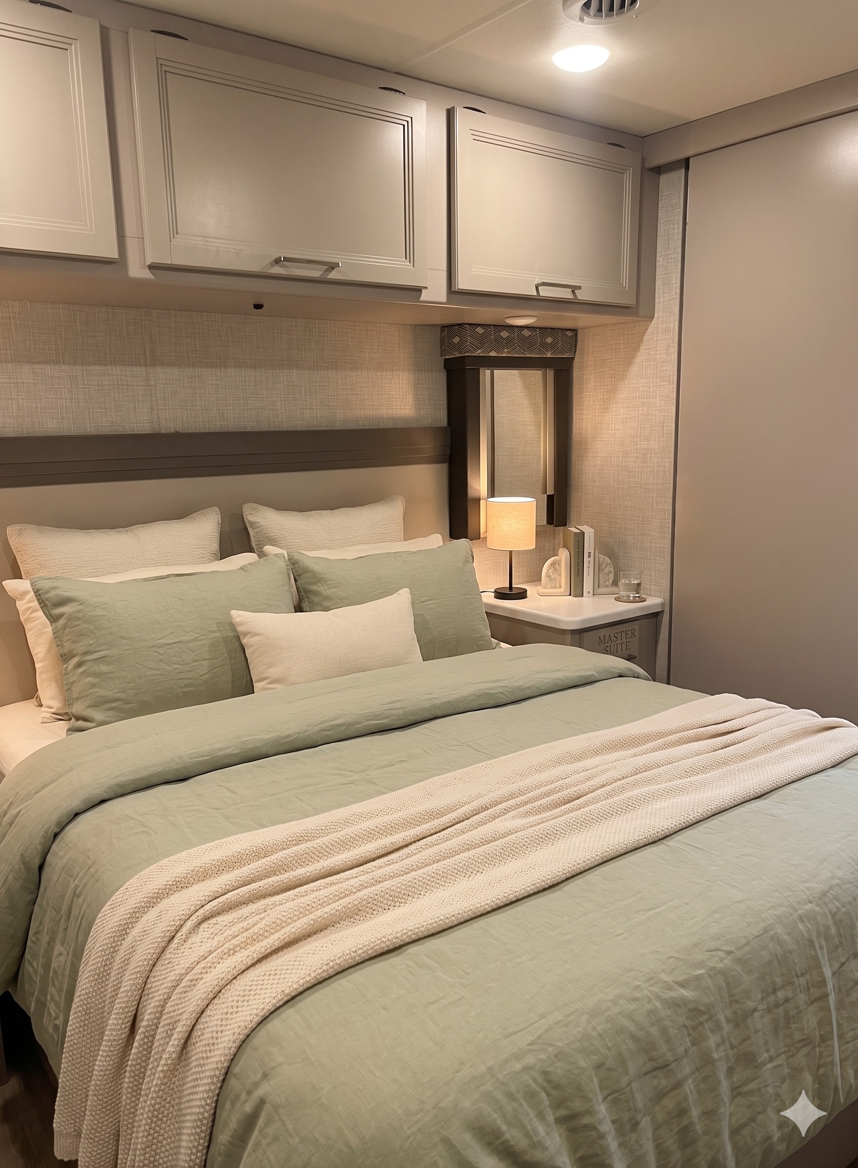 Cozy RV rental bedroom featuring a bed with sage green linen, overhead cabinets, and a bedside table with a lamp.. Thor Motor Coach Windsport 2022