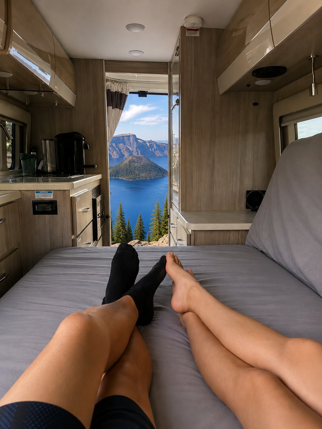 Relaxing in an RV rental with a breathtaking view of Crater Lake from the comfort of our bed.. Thor Sequnce 2023