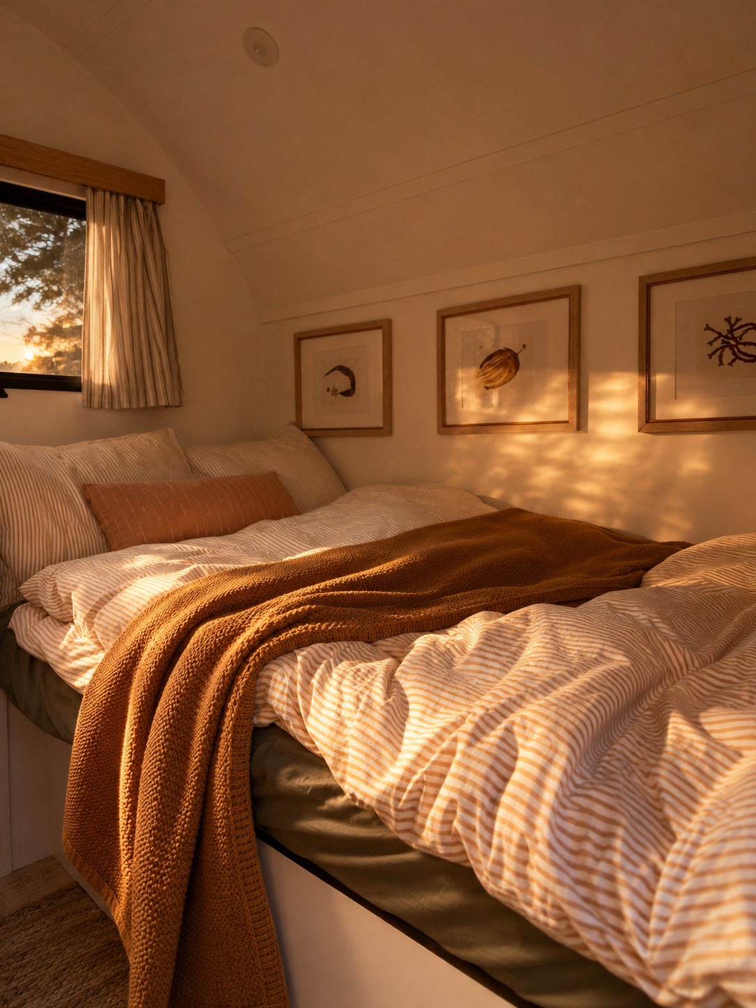 Cozy RV rental bedroom with striped bedding, a warm throw, and framed art, bathed in golden hour light for a tranquil feel.. R-Pod R-Pod Trailer 2024
