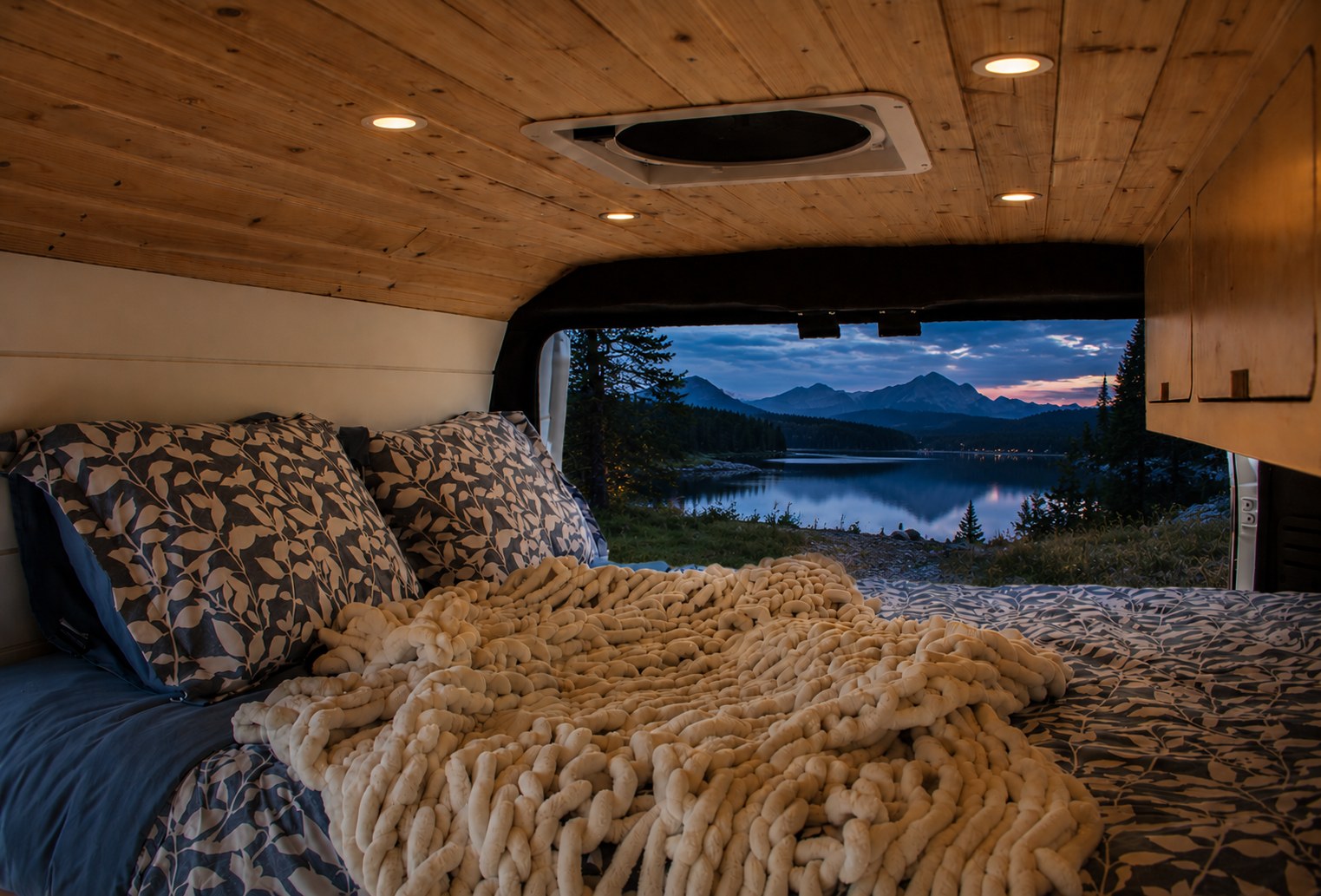 Cozy RV rental bedroom with a comfy bed, looking out to a serene lake and mountain landscape at twilight.. Ram Promaster 2025