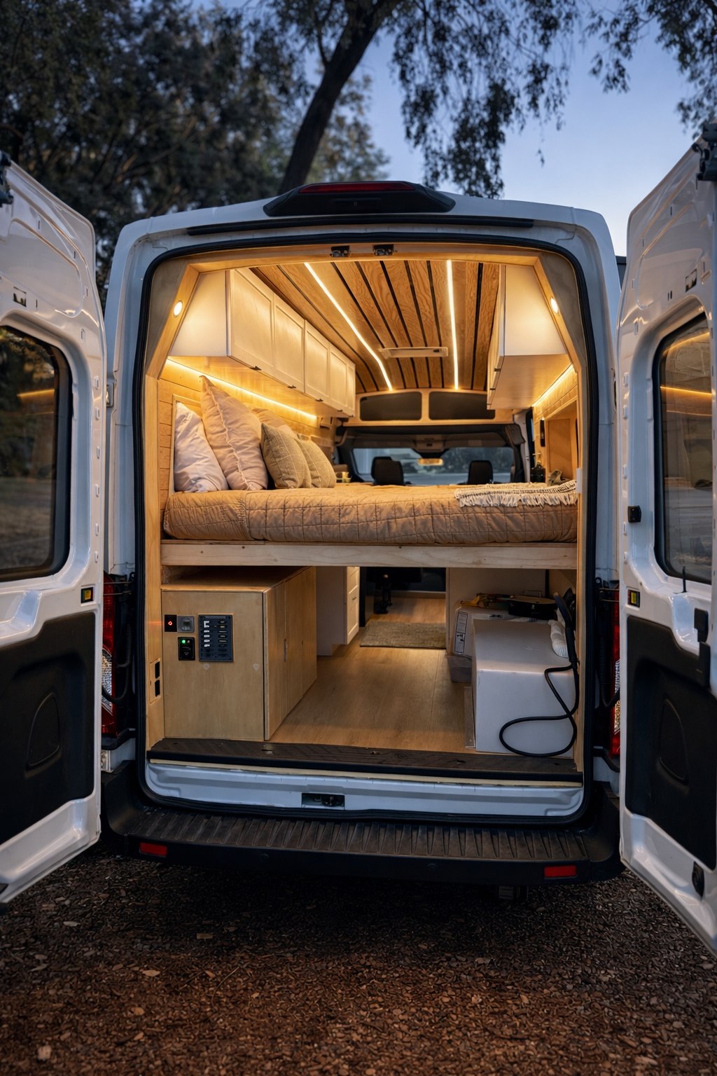 Cozy camper van interior, seen from the open rear doors of an RV rental, with a bed, wooden ceiling, and warm strip lighting.. Ford Transit 2023