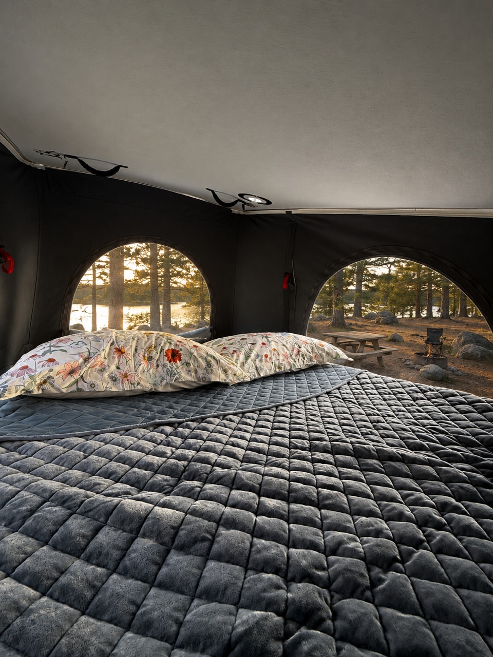 Cozy rv rental interior with a plush, quilted bed & floral pillows. Arched windows reveal a beautiful lake & forest view.. Winnebago Solis 2023
