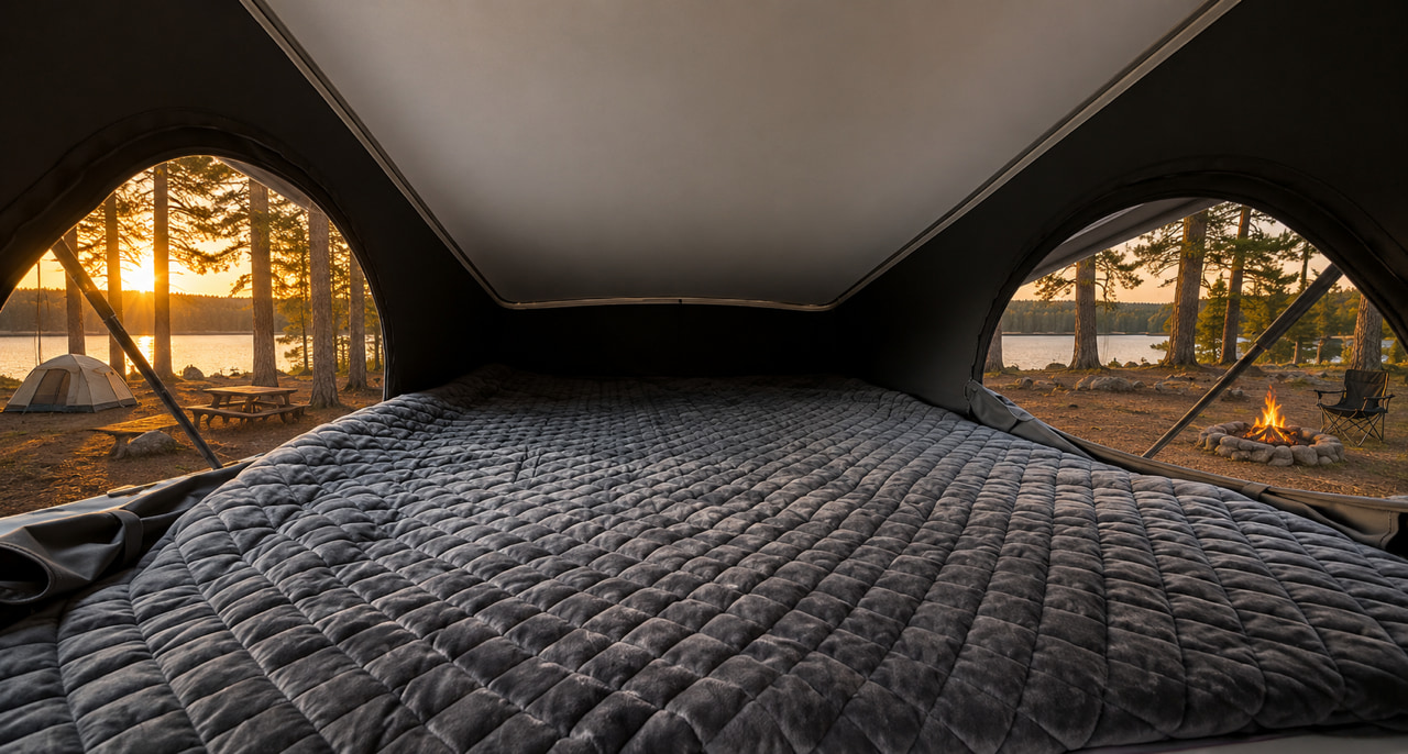 Cozy bed in an RV rental looking out at a beautiful lakeside campsite with a sunset, tent, and campfire. Ideal for glamping.. Winnebago Solis 2023