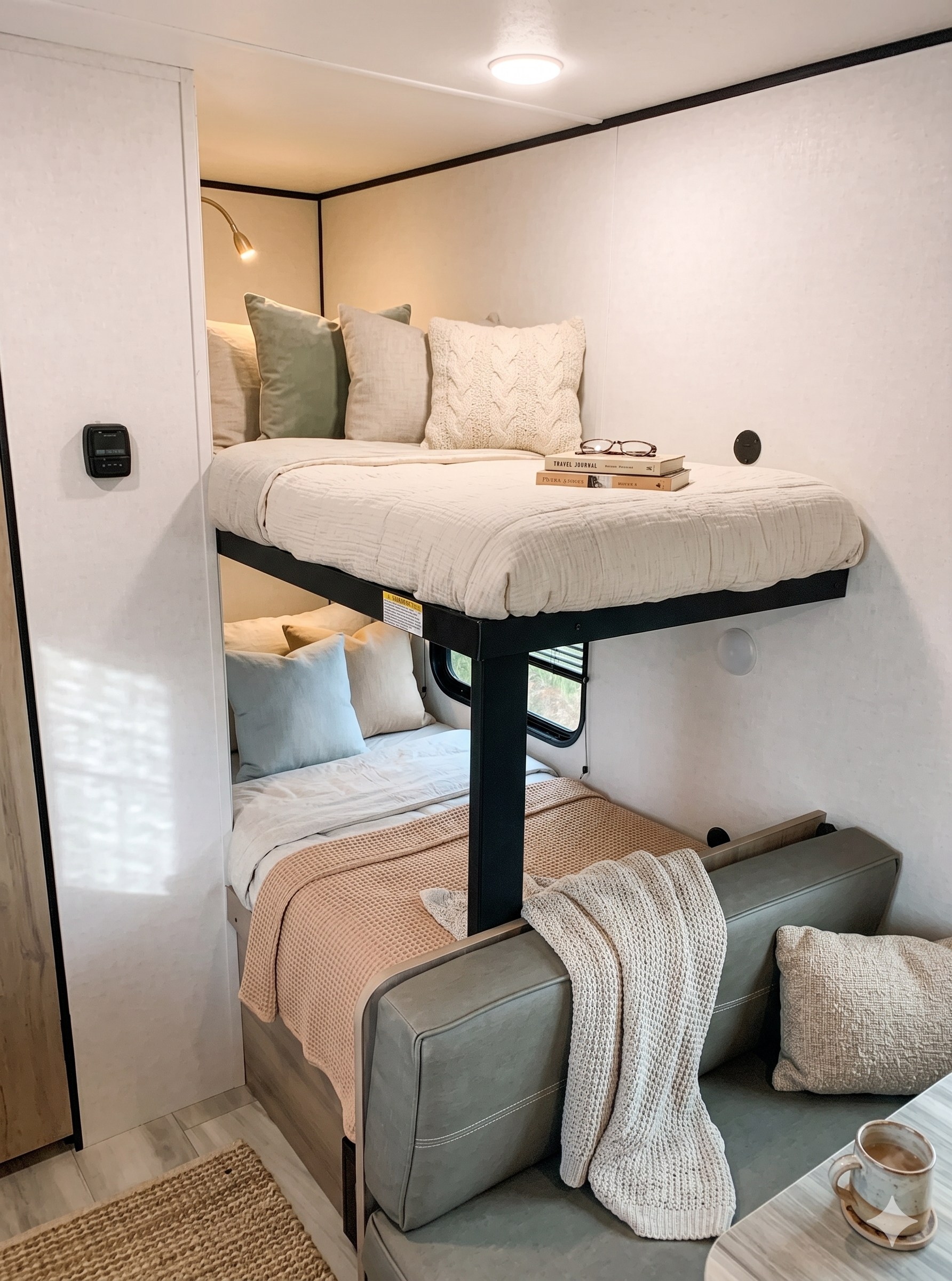 Cozy RV rental interior with bunk beds, plush bedding, a reading light, and comfortable sofa seating. Ideal for travel.. Keystone RV Coleman Legacy 2026