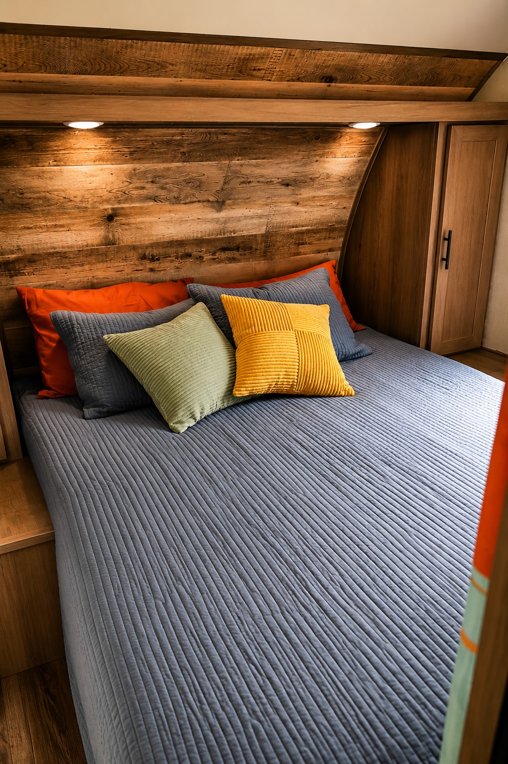 Cozy RV rental bedroom featuring a rustic wooden headboard with lights, gray quilted bedding, and bright accent pillows.. Gulf Stream Enlighten 2021