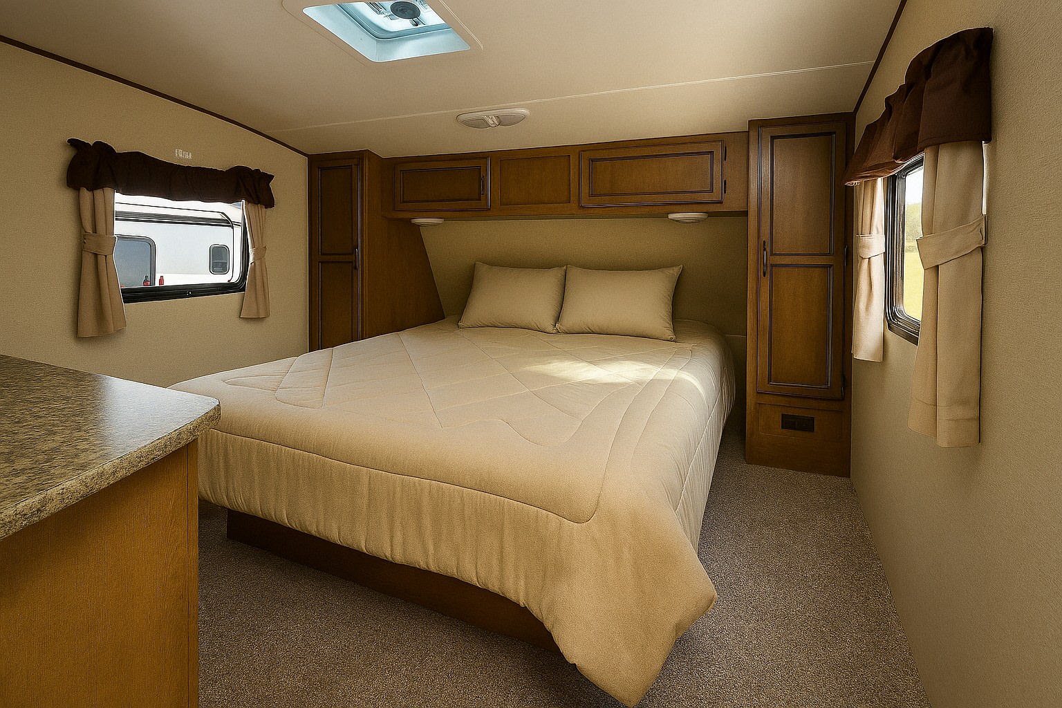 Cozy RV rental bedroom with a comfortable bed, wood cabinets, and windows, offering a compact space for travelers.. Crossroads RV Rezerve 2016