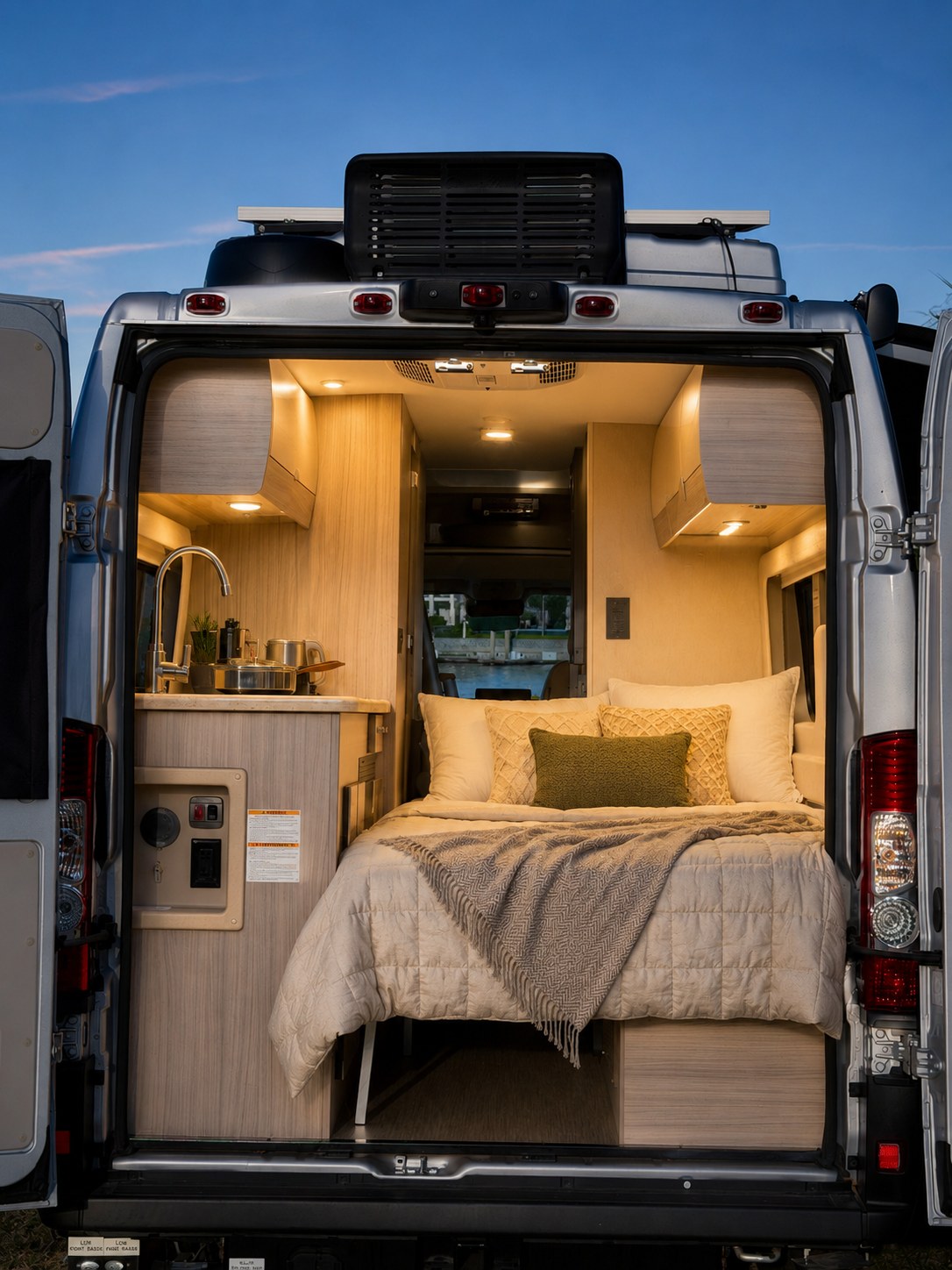 Inside a cozy rv rental: a comfy bed, kitchenette, and warm lighting viewed from the open rear doors of a camper van.. Jayco Swift 2024