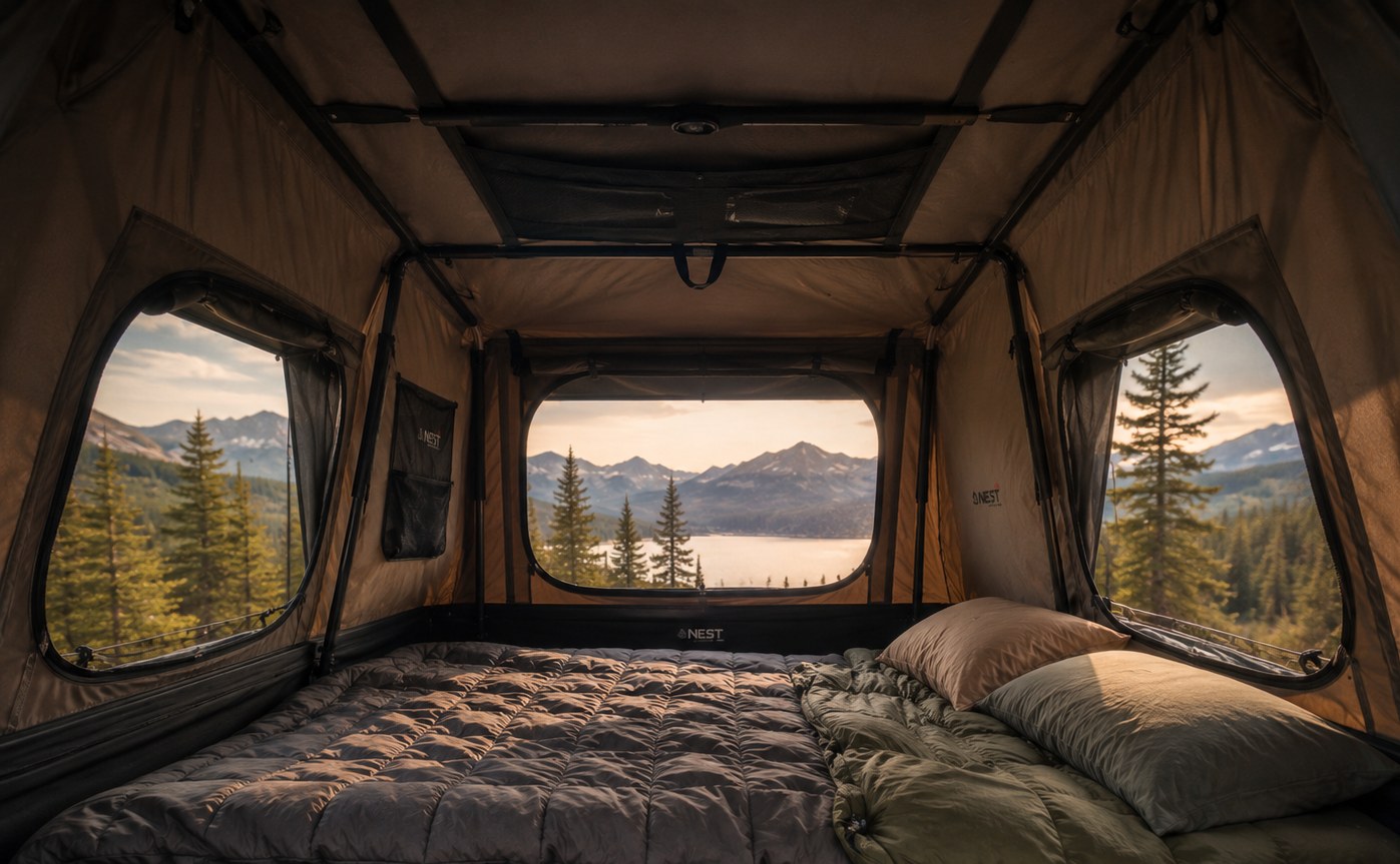 Wake up to stunning mountain lake views in this cozy RV rental tent setup, featuring a comfortable bed for your outdoor adventure.. KM8J3CA2XJU833291 Toyota Tacoma 2020