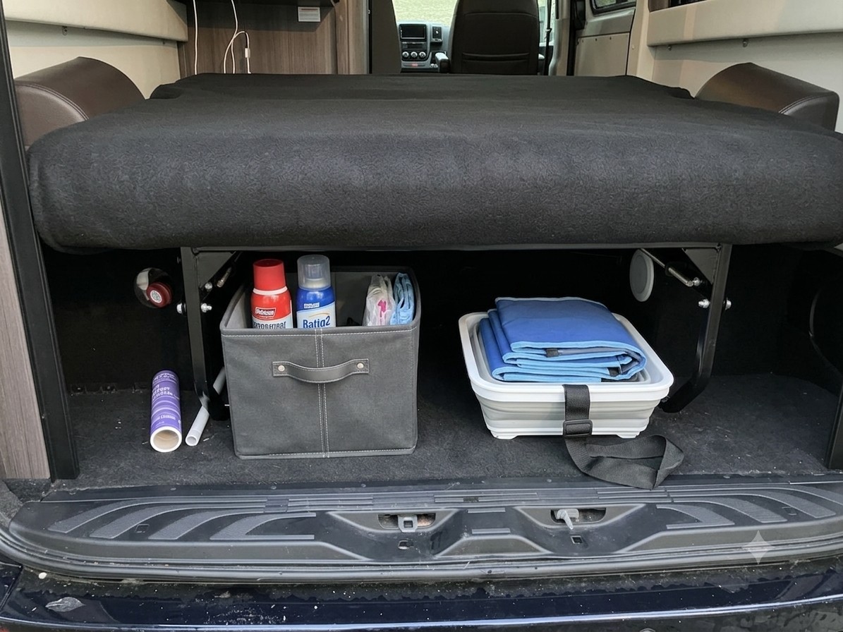 RV rental storage under the bed. Organized bins hold cleaning supplies, small items, and folded blue mats, perfect for camping.. Airstream Interstate 2022
