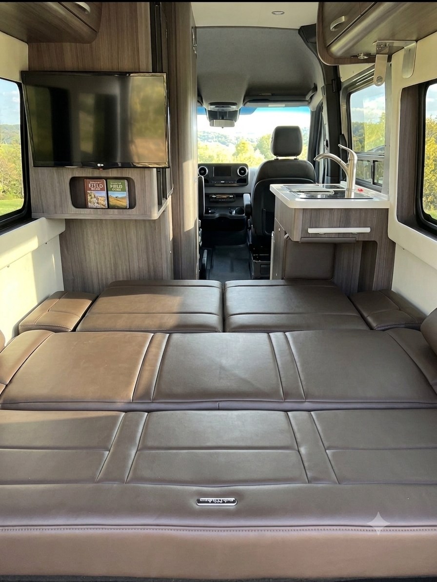 This RV rental interior offers a comfortable bed, TV, and kitchenette, ideal for travel and adventures.. Airstream Interstate 2022