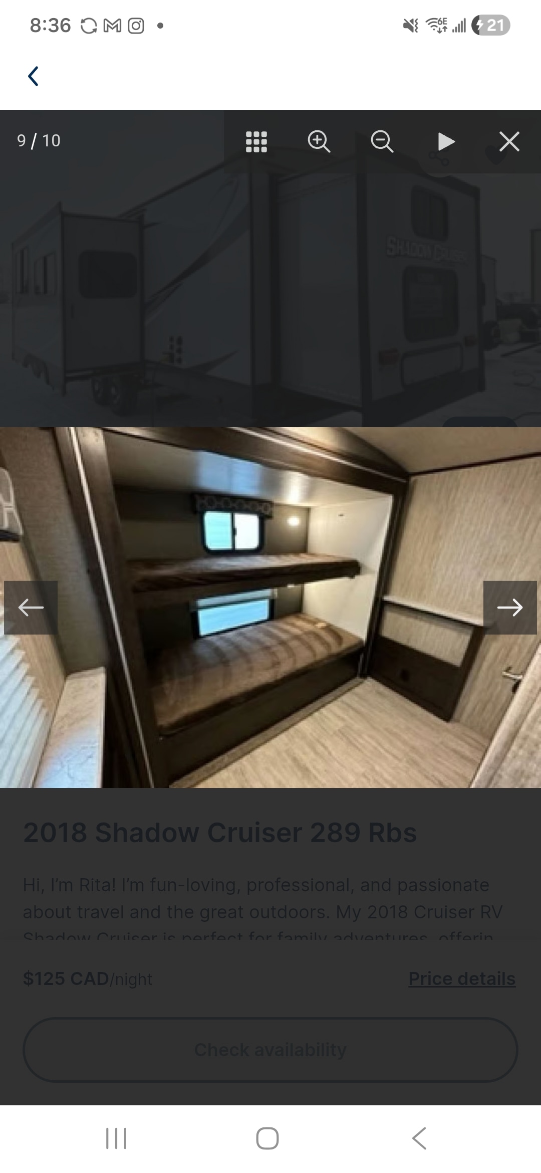 RV rental: a 2018 Shadow Cruiser 289 Rbs, with its bunk bed interior & partial exterior, listed for $125 CAD/night.. Shadow Cruiser 289 RBS 2018