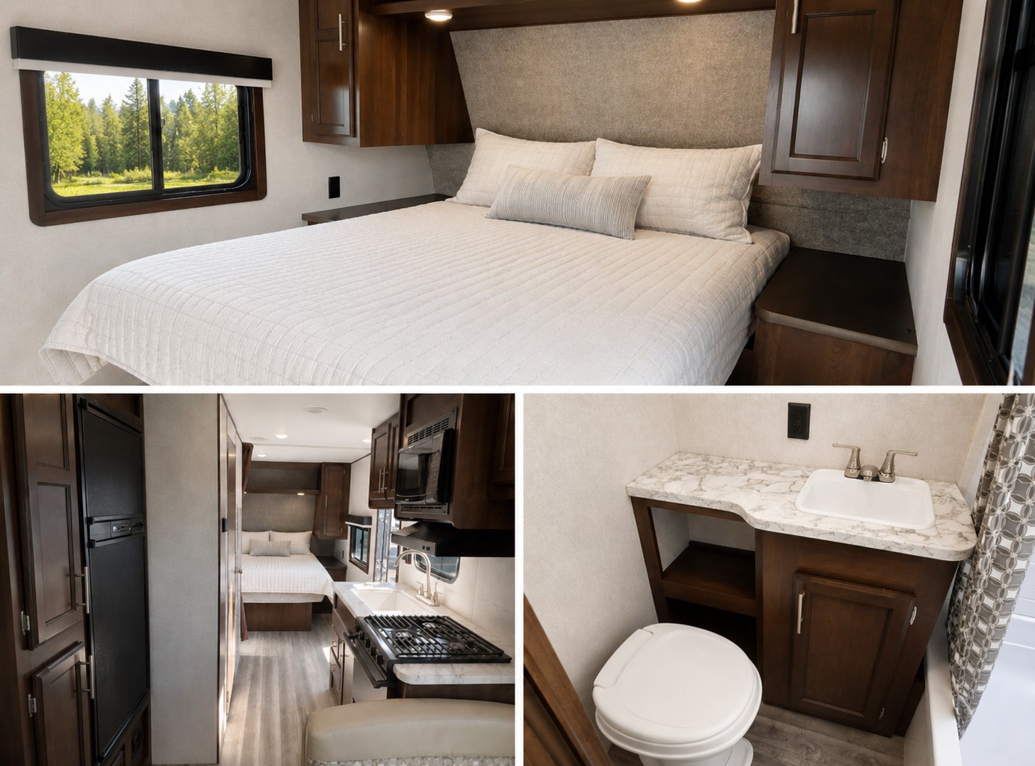Inside your rv rental: a cozy bedroom with a window view, a functional kitchen, and a convenient bathroom.. Jayco Jay Flight 2019