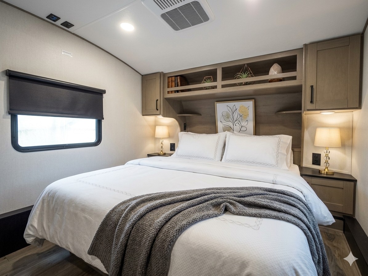 Experience comfort in this RV rental bedroom with a cozy queen bed, elegant lamps, and smart storage shelves.. Grand Design Reflection 100 2026