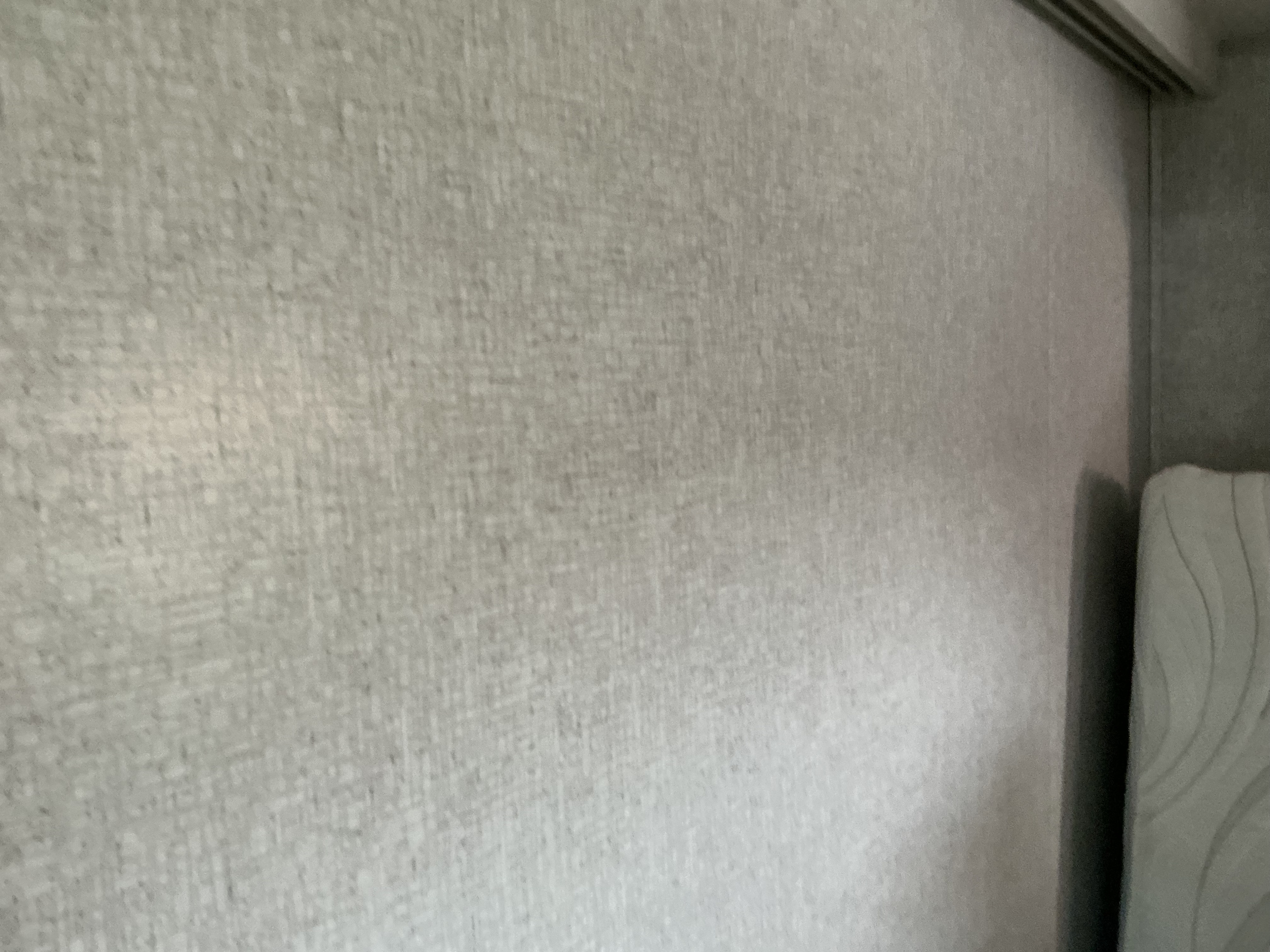 Textured gray wall inside an RV rental, showing a room corner and a partial view of a white mattress or upholstered surface.. East to West Longitude 2024