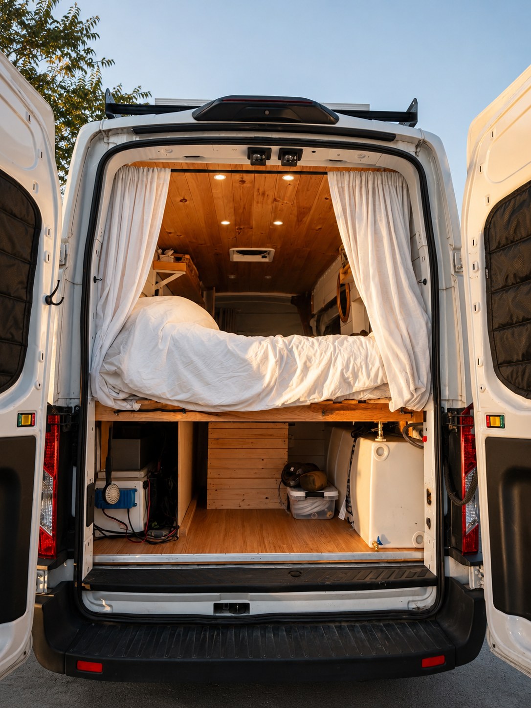 RV rental van's cozy interior: elevated bed, wood ceiling, and under-bed storage with electrical gear & water tank.. Ford Transit 2020