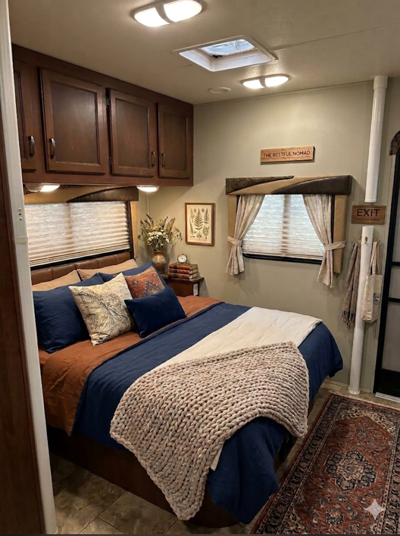This cozy RV rental bedroom features a comfy bed with blue and rust bedding, overhead cabinets, and decorative touches.. Jayco Redhawk 2014