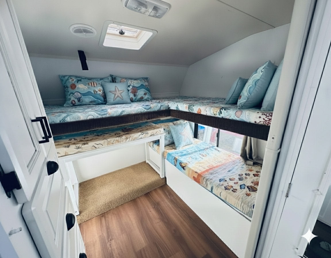 Cozy RV rental interior featuring triple bunk beds with cheerful beach-themed bedding and pillows. Perfect for family adventures.. Forest River Wildcat 2008