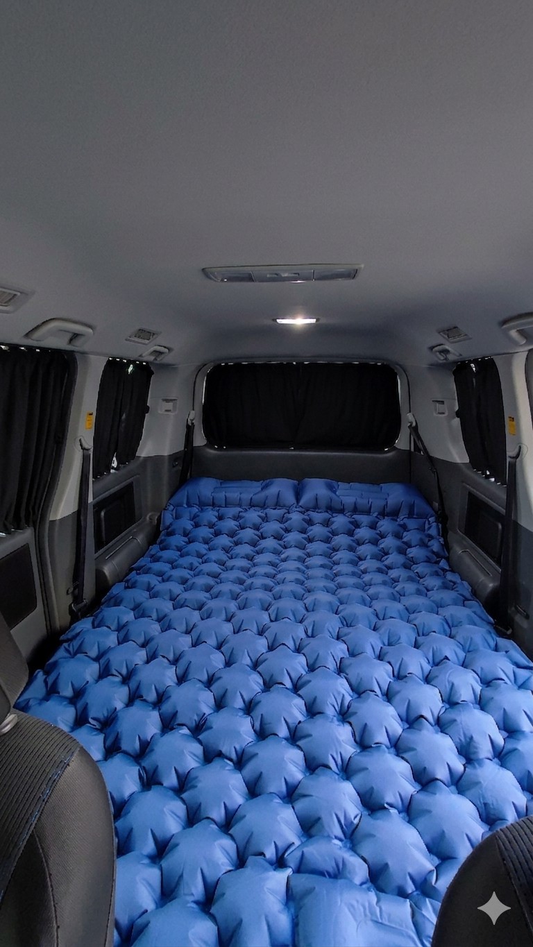 This RV rental is ready for van camping, featuring a blue air mattress and privacy curtains in the back.. Universal Transformer 2011