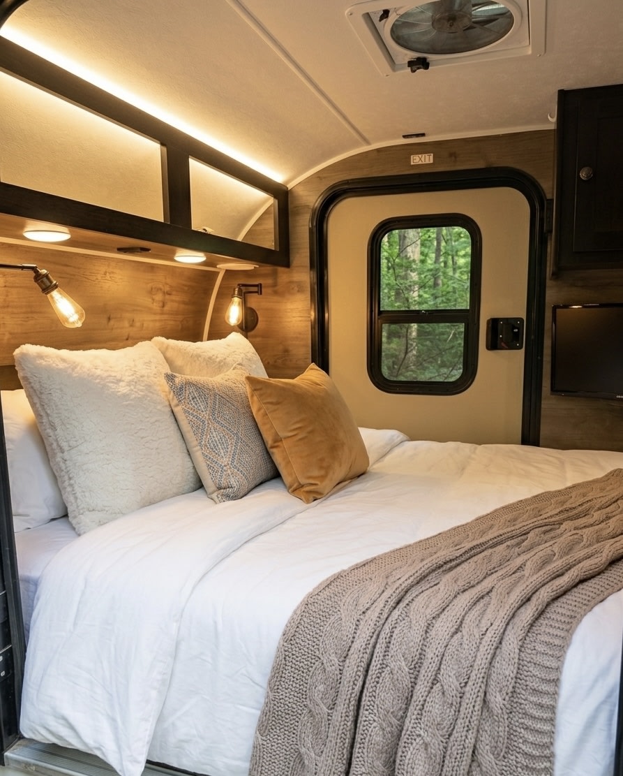 Relax in this cozy RV rental bedroom. Features a comfy bed with pillows, warm lighting, and a view of the forest outside your door.. Braxton Creek Bushwhacker 2022