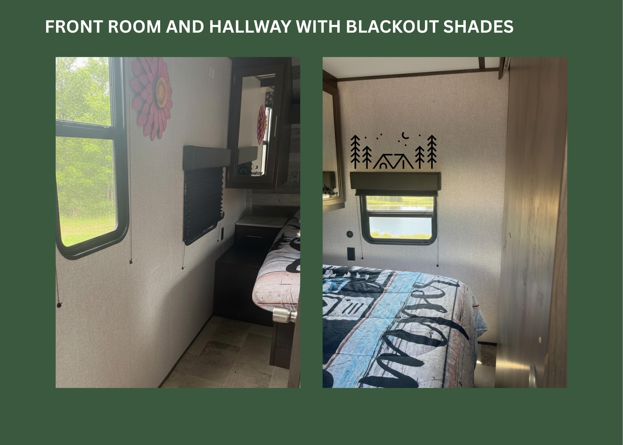 Cozy RV rental interior with blackout shades in bedroom and front area, offering comfort and privacy.. Dutchmen Coleman Lantern 2020