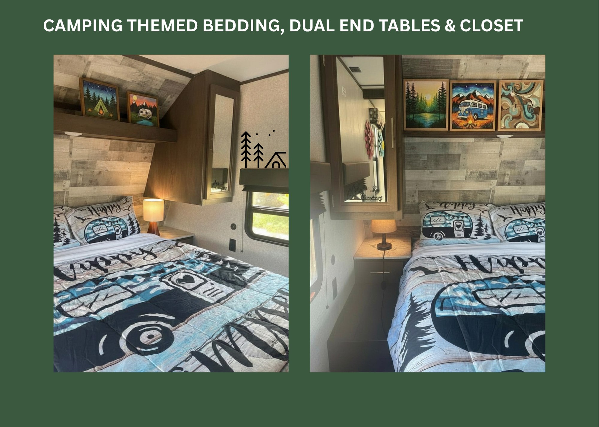 Cozy RV rental bedroom: camping themed bedding, dual end tables, and overhead closets for a perfect camping getaway.. Dutchmen Coleman Lantern 2020