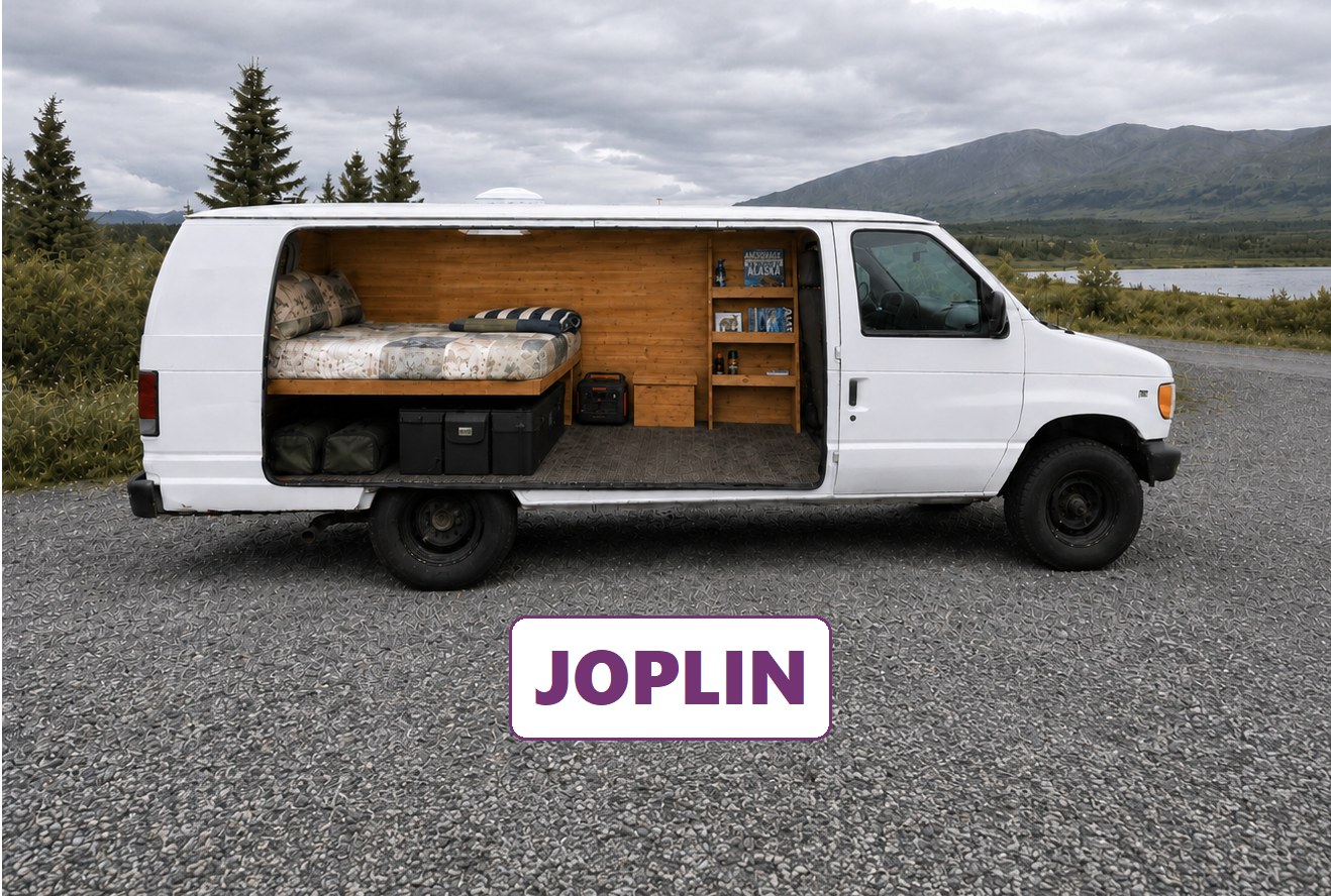 Adventure-ready white rv rental van conversion, showcasing cozy wooden interior with bed and storage, parked in scenic Alaskan wilderness.. Ford Econolline 250s 1998