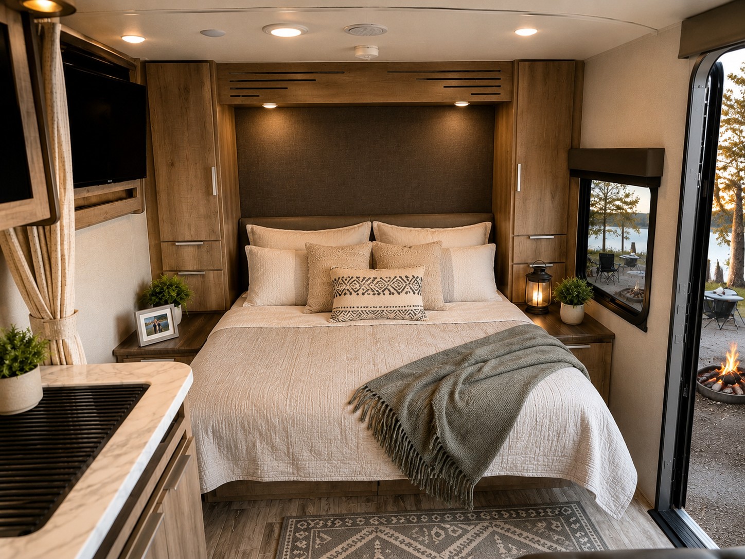 Spacious rv rental bedroom interior, showcasing a comfortable bed and built-in storage with a scenic lake and campfire view.. Grand Design Imagine XLS 2021