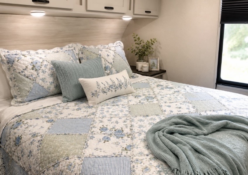Cozy RV rental bedroom with a blue floral patchwork quilt, throw pillows, and a soft knit blanket. A relaxing space.. Forest River Vibe 2021